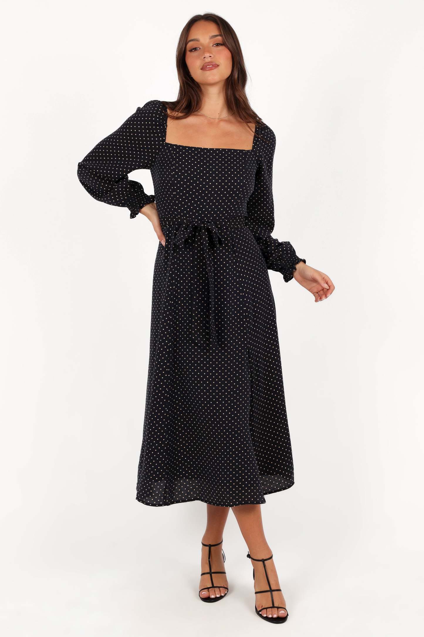 Ettie Long Sleeve Midi Dress - Black Polka Dot-Sunny Prom