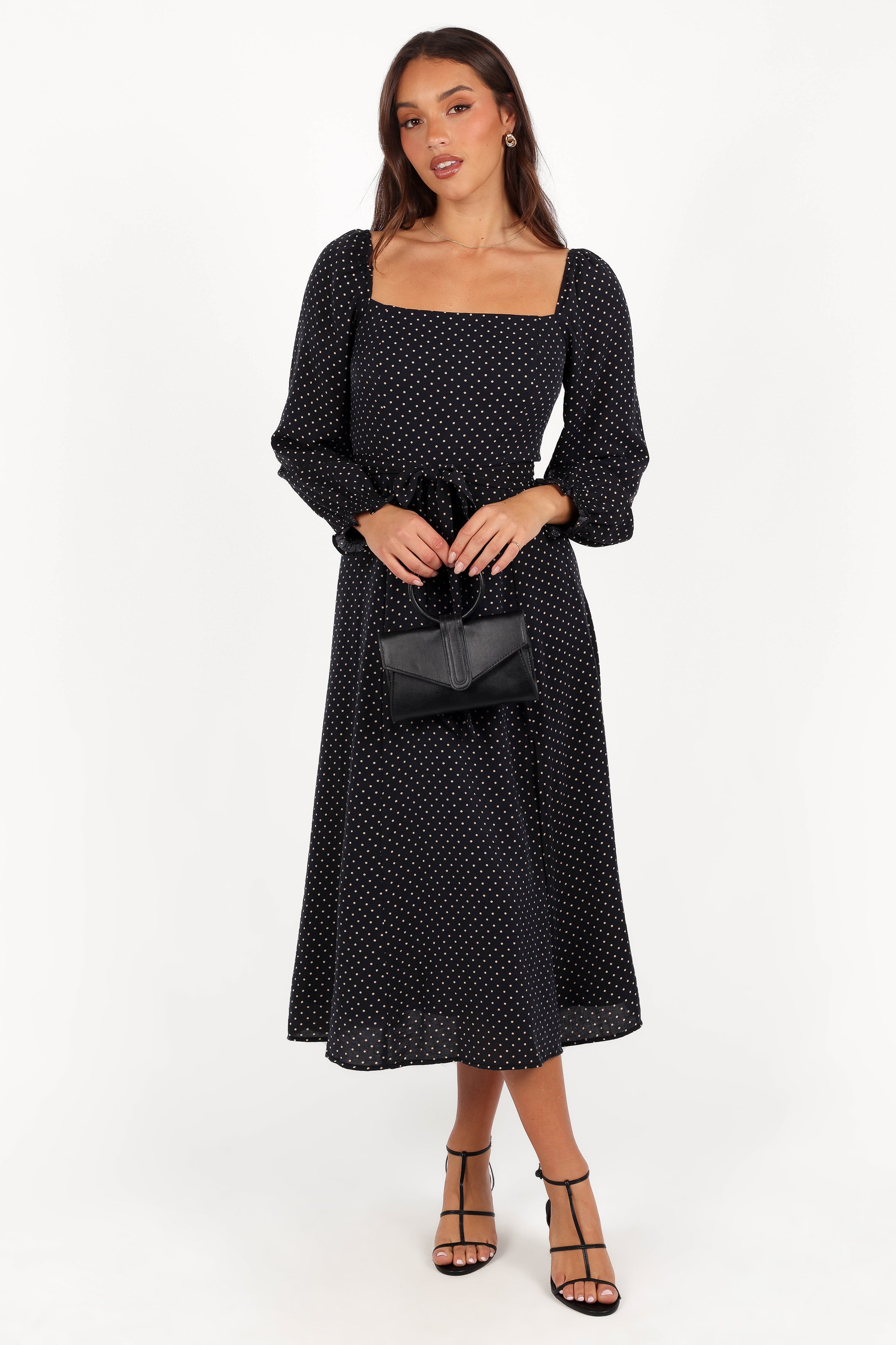 Ettie Long Sleeve Midi Dress - Black Polka Dot-Sunny Prom