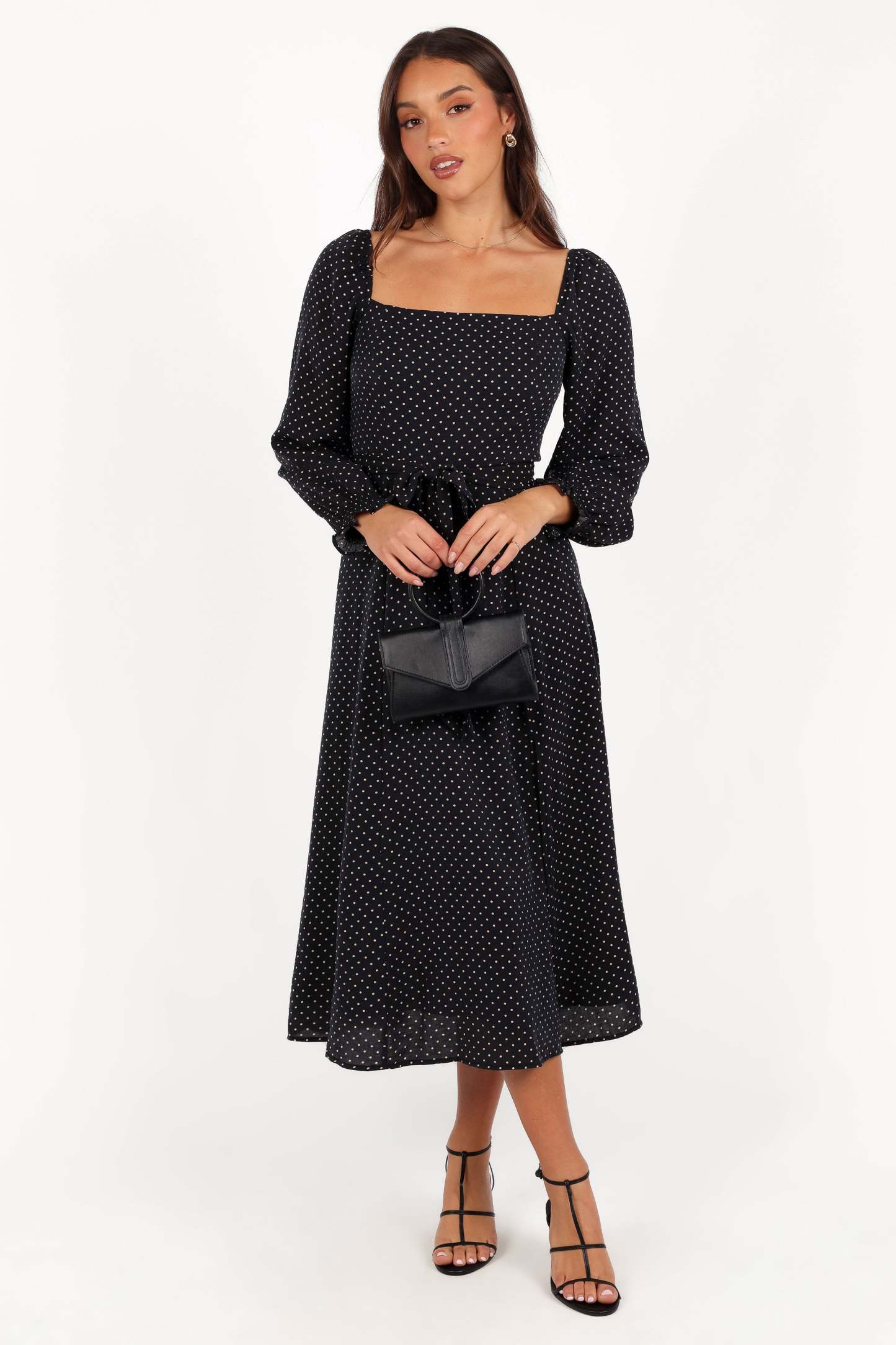 Ettie Long Sleeve Midi Dress - Black Polka Dot-Sunny Prom