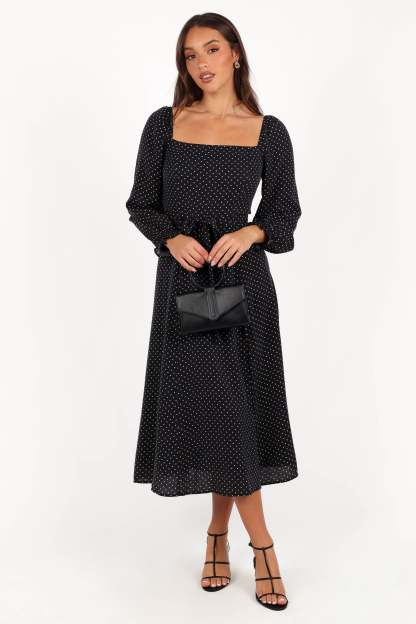 Ettie Long Sleeve Midi Dress - Black Polka Dot-Sunny Prom