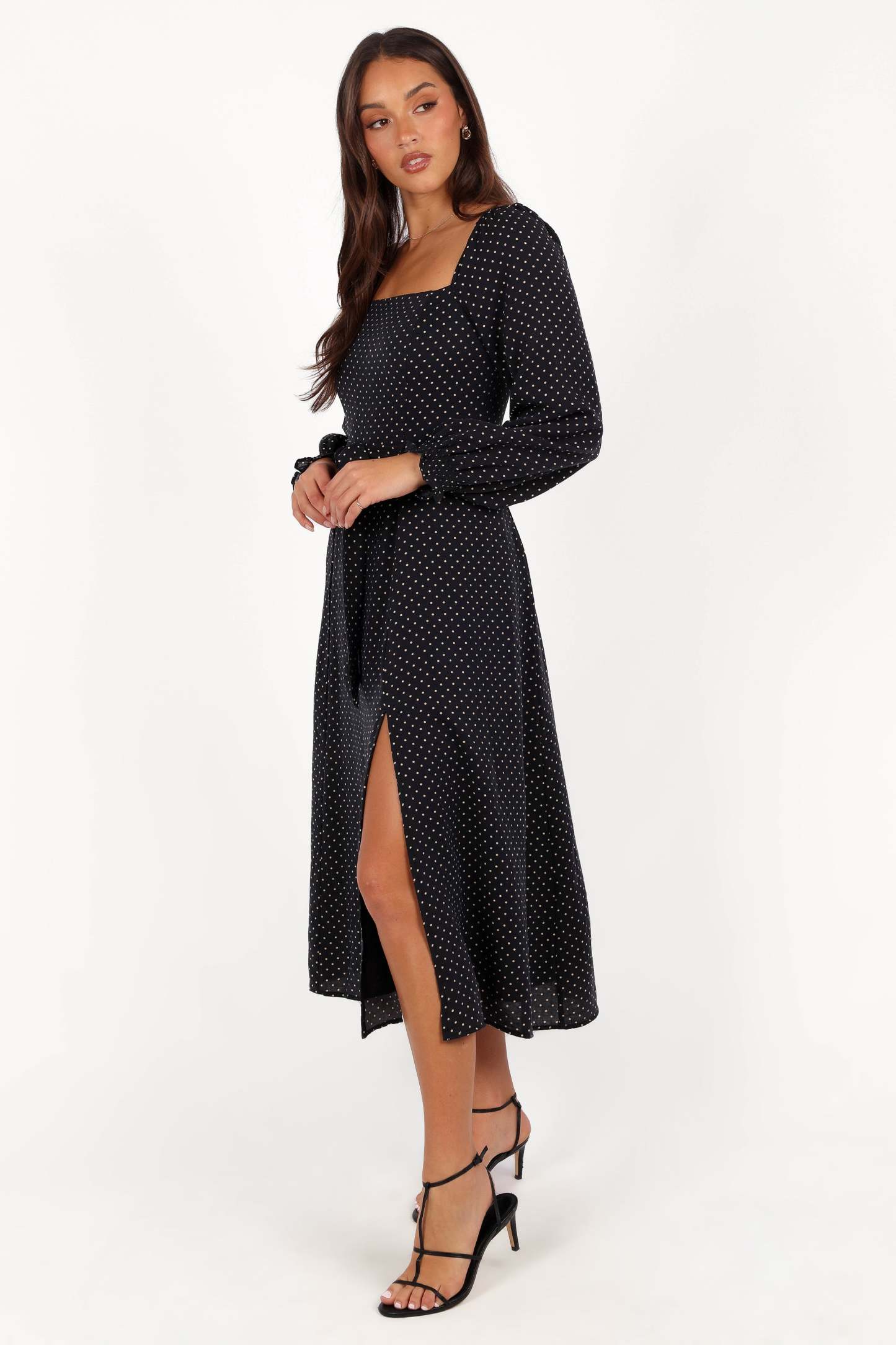 Ettie Long Sleeve Midi Dress - Black Polka Dot-Sunny Prom