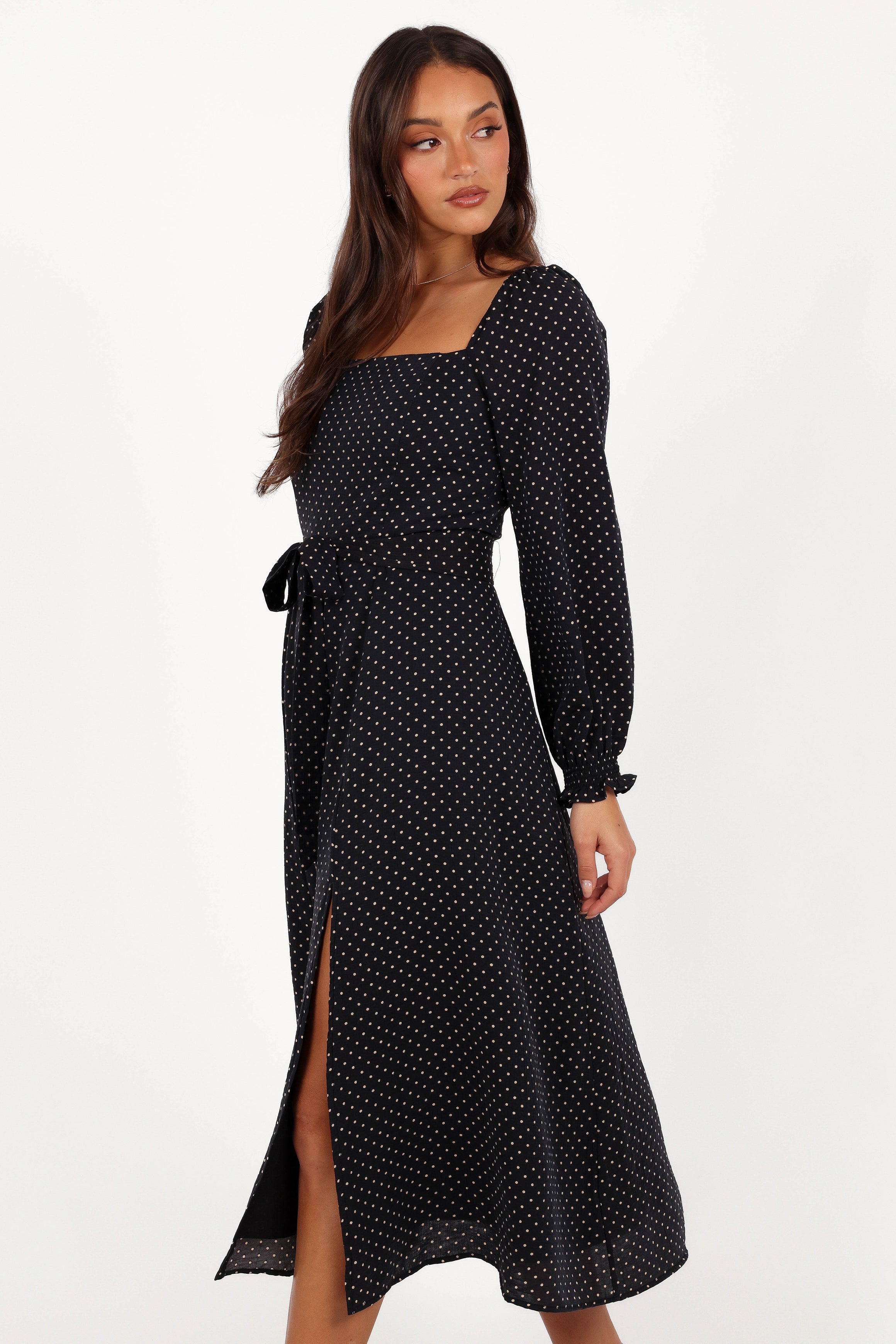 Ettie Long Sleeve Midi Dress - Black Polka Dot-Sunny Prom