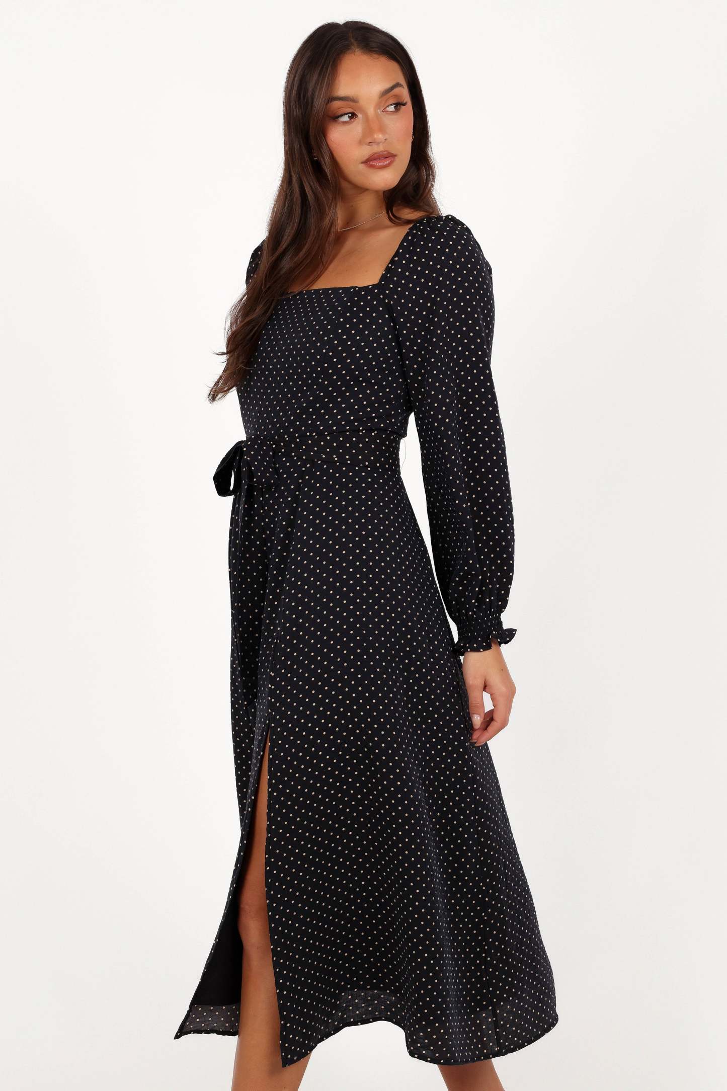 Ettie Long Sleeve Midi Dress - Black Polka Dot-Sunny Prom
