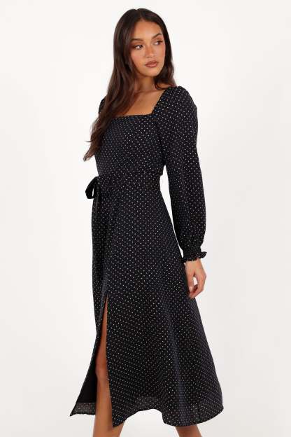Ettie Long Sleeve Midi Dress - Black Polka Dot-Sunny Prom