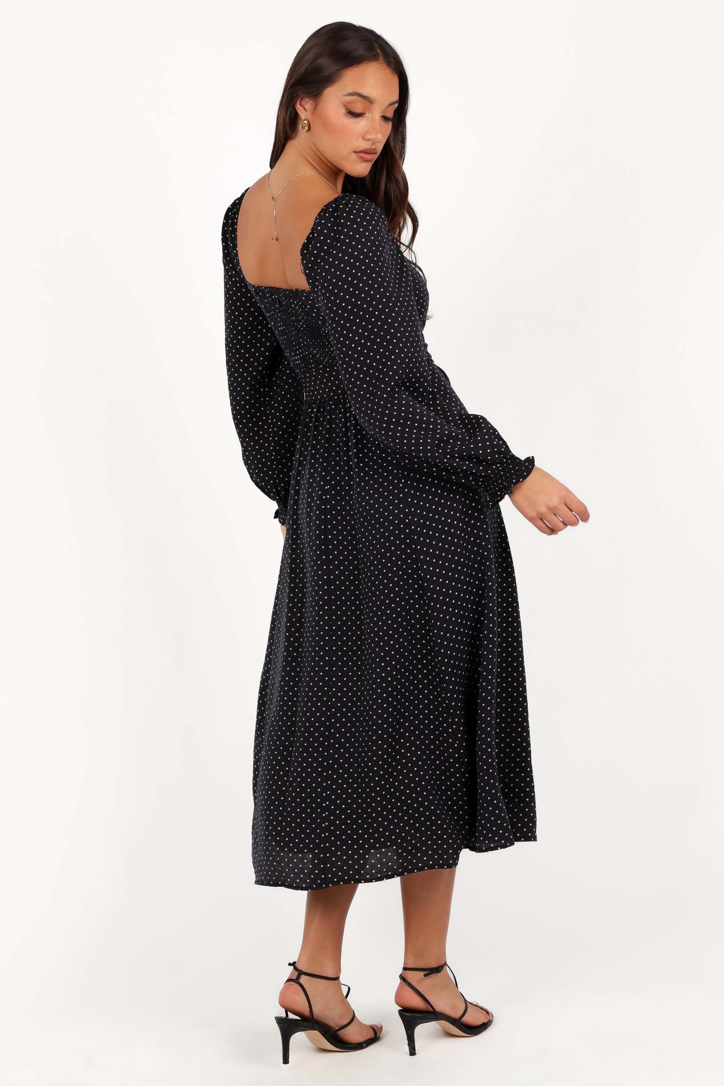 Ettie Long Sleeve Midi Dress - Black Polka Dot-Sunny Prom