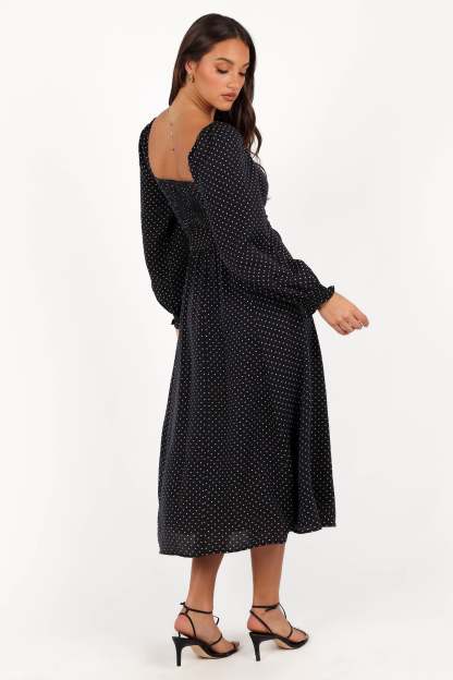 Ettie Long Sleeve Midi Dress - Black Polka Dot-Sunny Prom