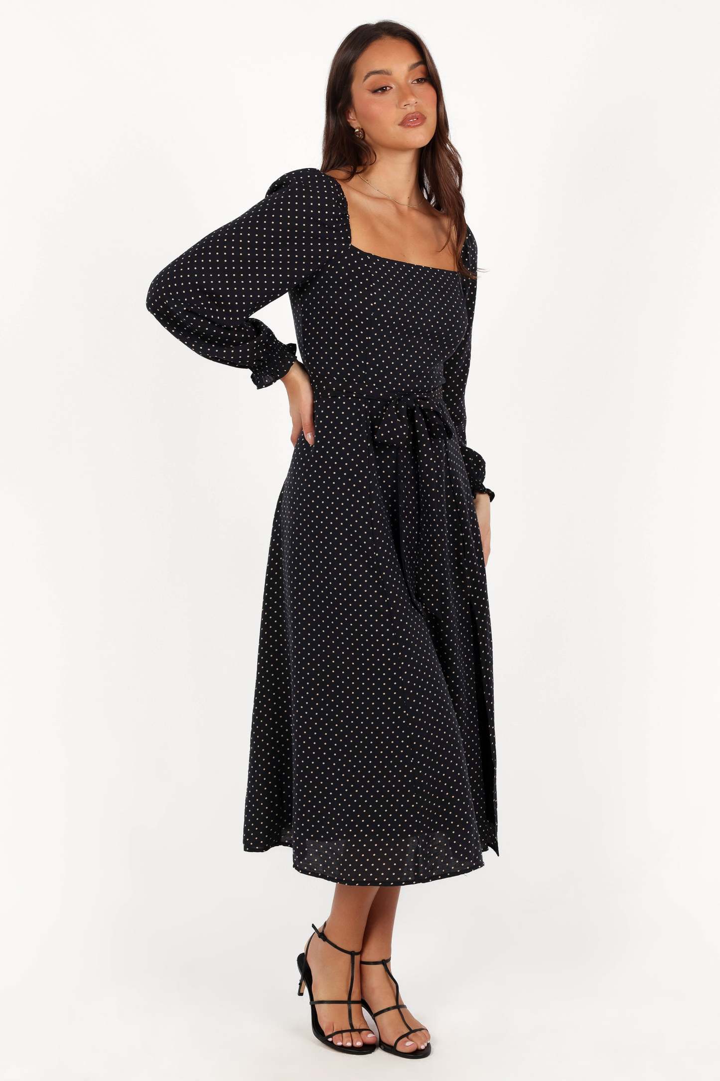 Ettie Long Sleeve Midi Dress - Black Polka Dot-Sunny Prom