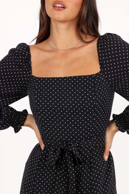 Ettie Long Sleeve Midi Dress - Black Polka Dot-Sunny Prom