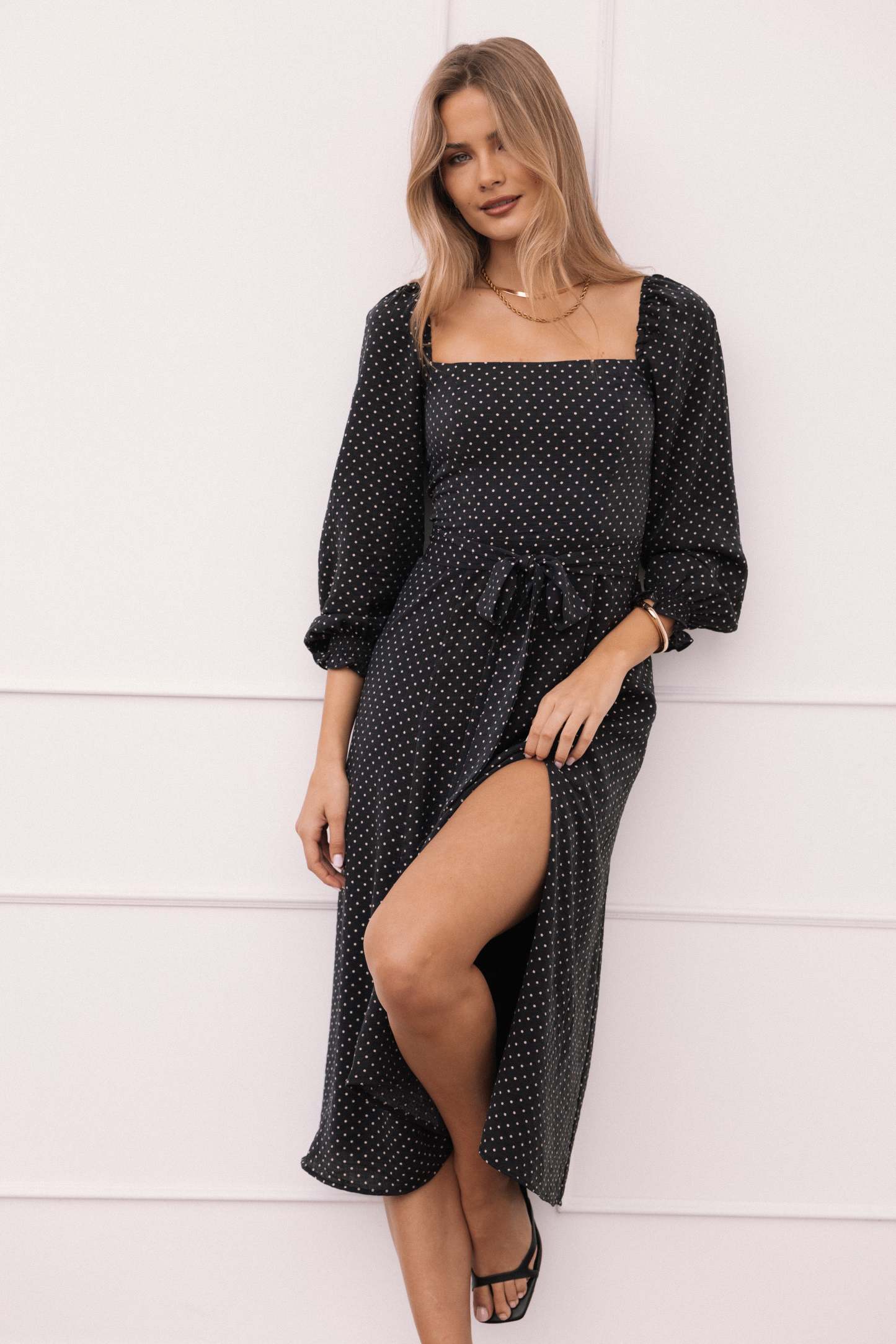 Ettie Long Sleeve Midi Dress - Black Polka Dot-Sunny Prom