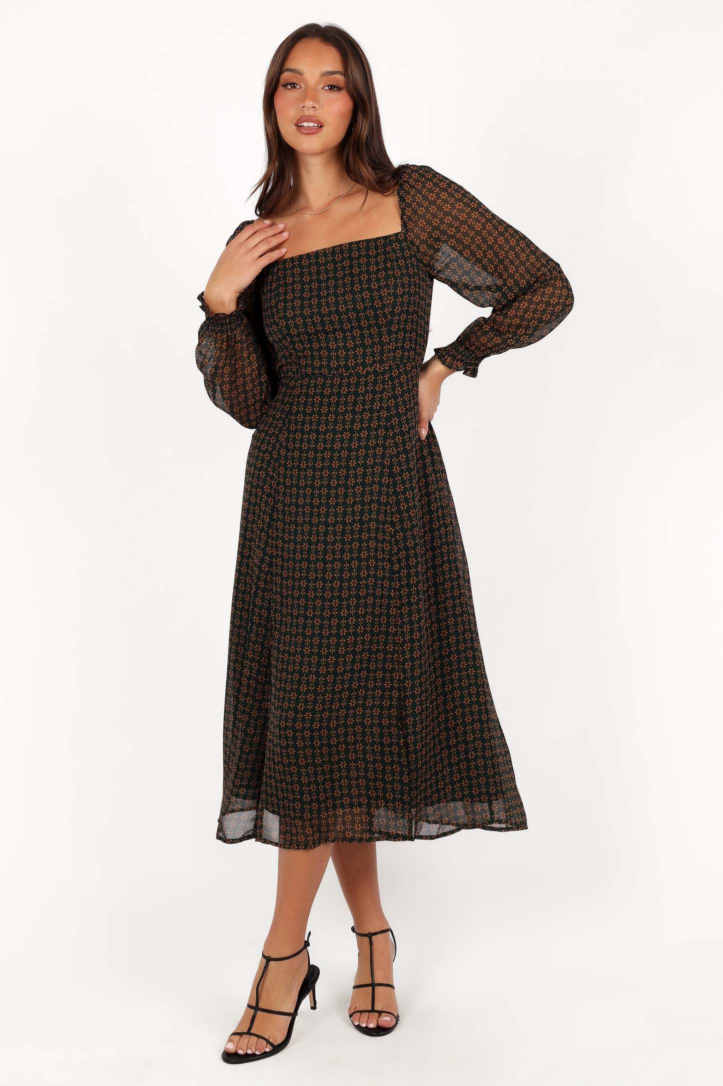 Ettie Long Sleeve Midi Dress - Pine/Tan-Sunny Prom