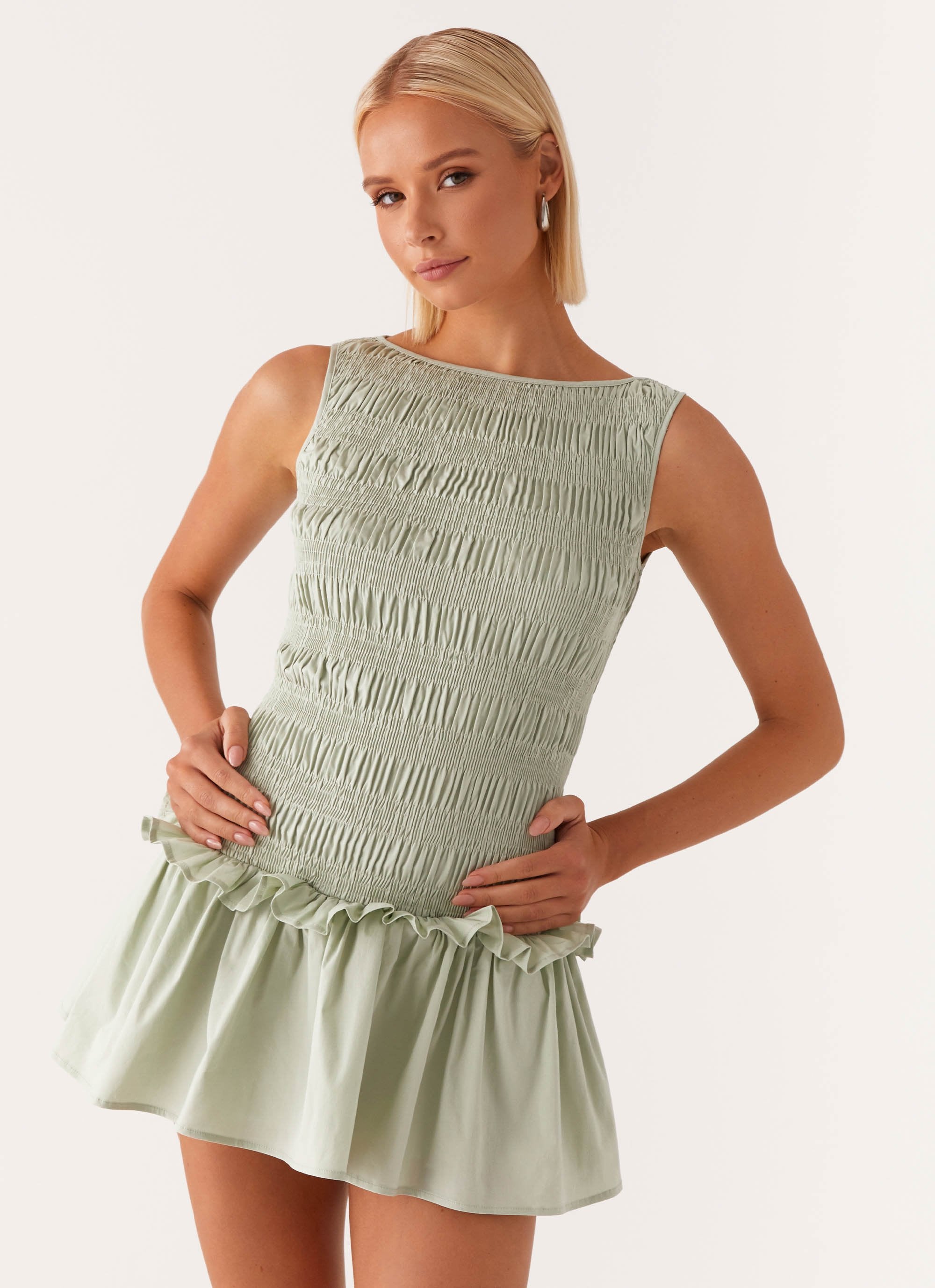 Garden Kisses Shirred Mini Dress - Sage-Sunny Prom. All rights reserved.