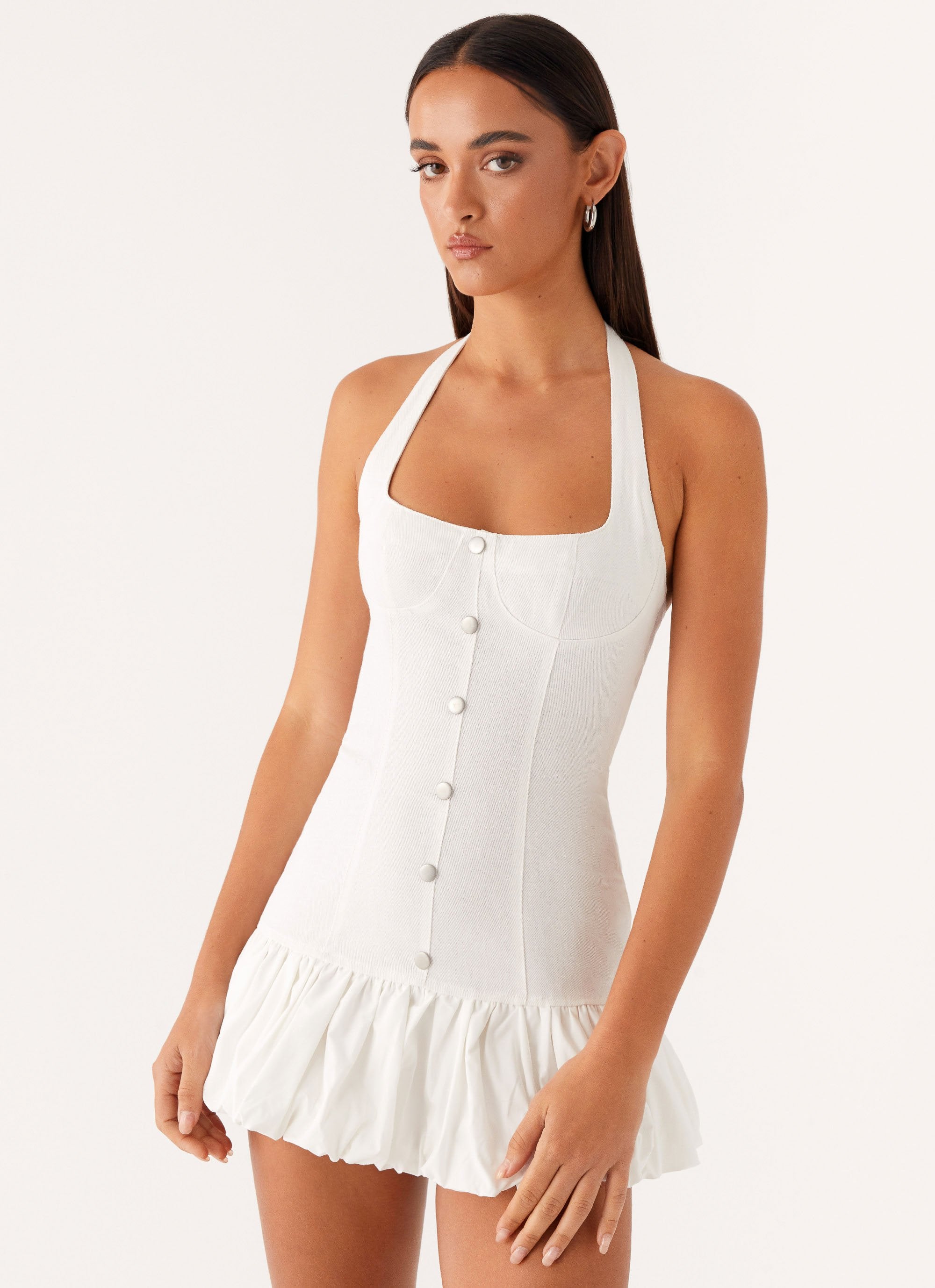 Georgina Denim Mini Dress - White-Sunny Prom. All rights reserved.