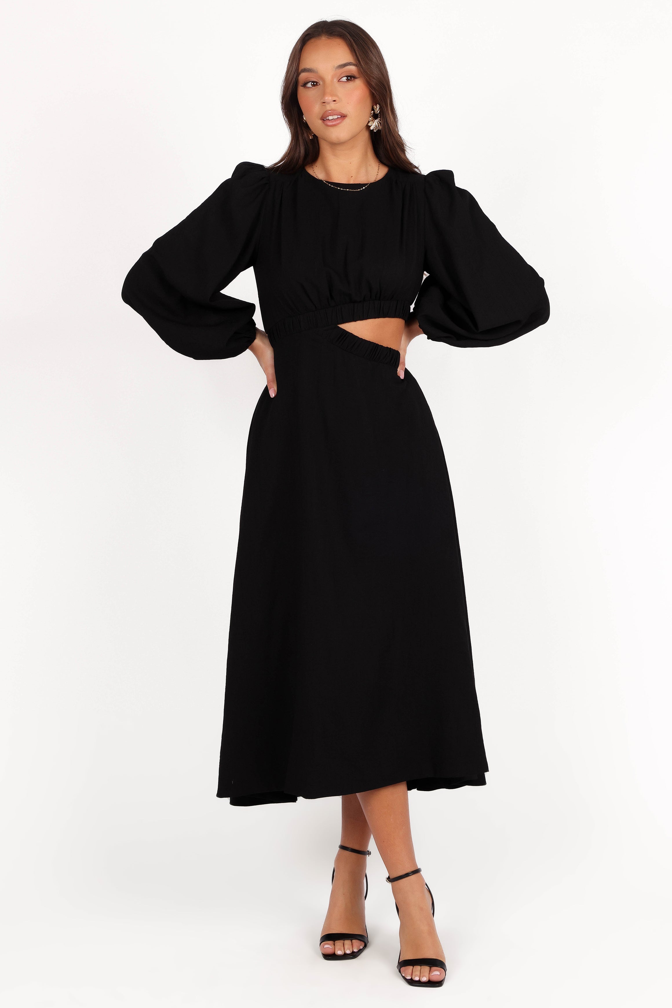 Ginnee Puff Sleeve Cutout Midi Dress - Black-Sunny Prom