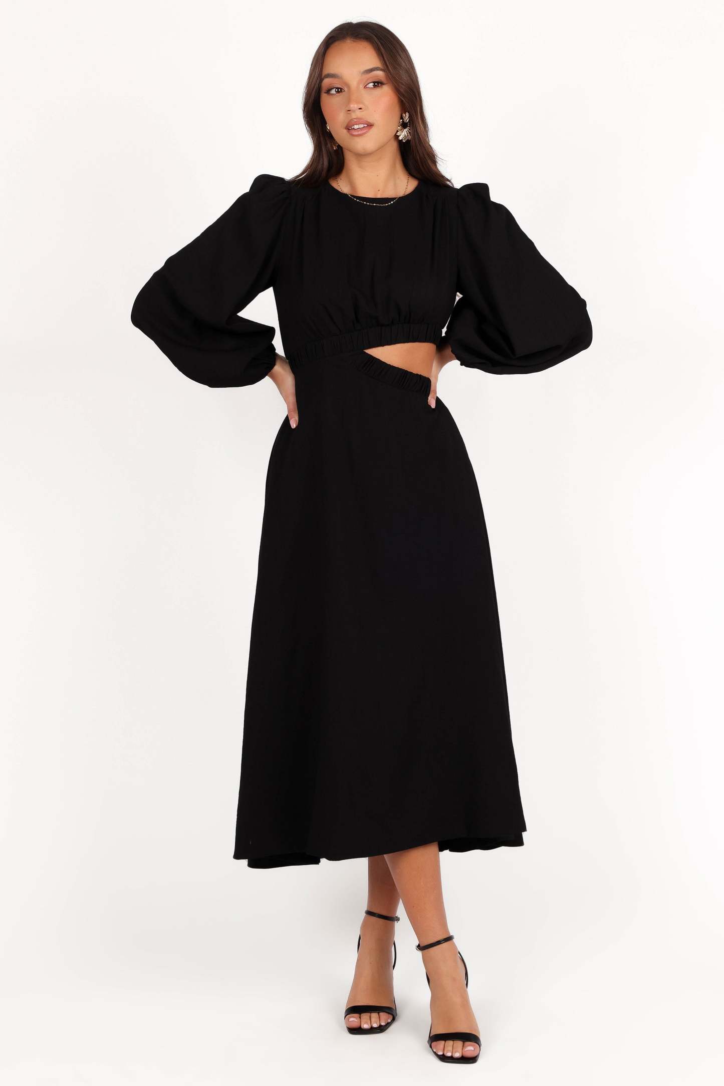 Ginnee Puff Sleeve Cutout Midi Dress - Black-Sunny Prom