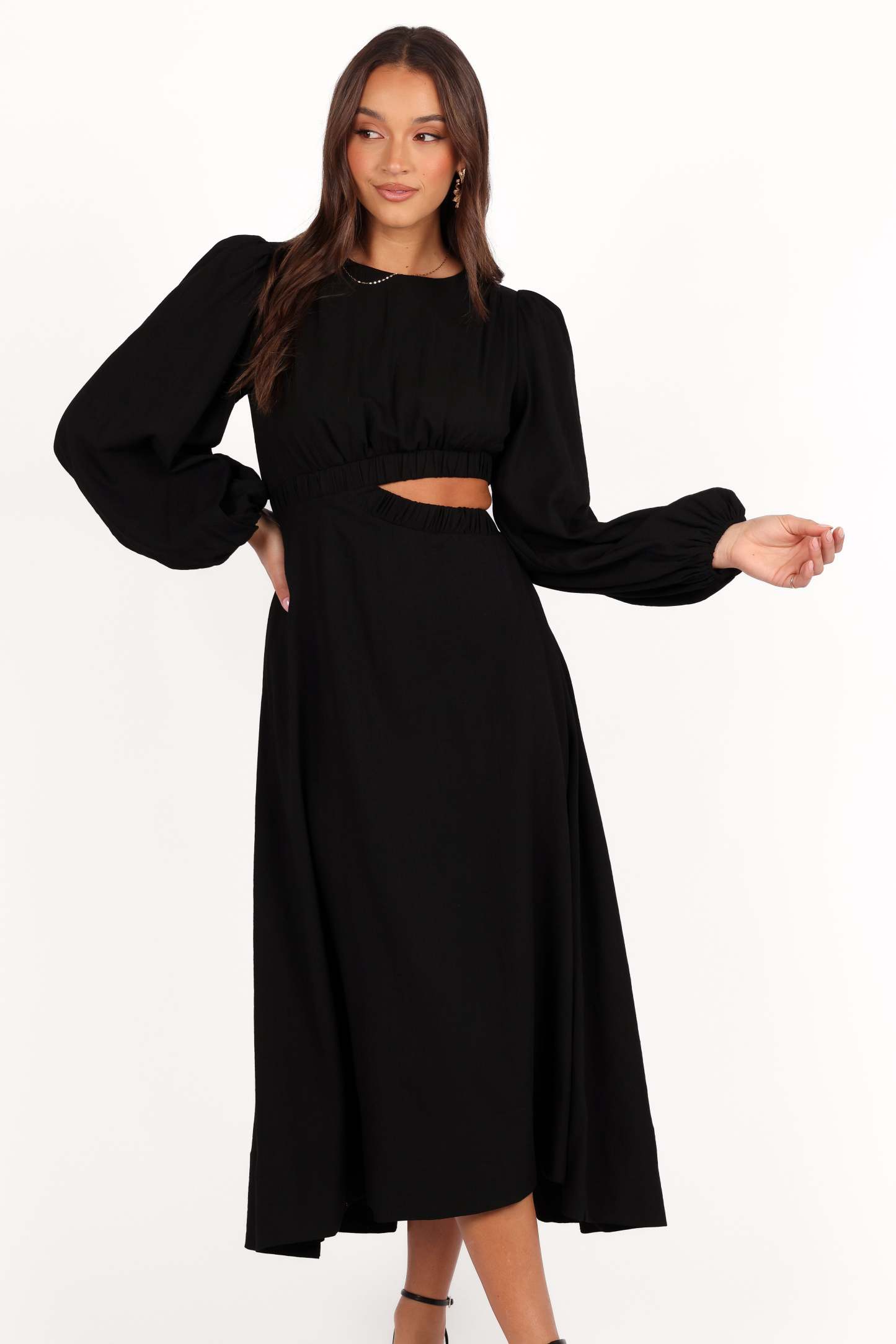 Ginnee Puff Sleeve Cutout Midi Dress - Black-Sunny Prom