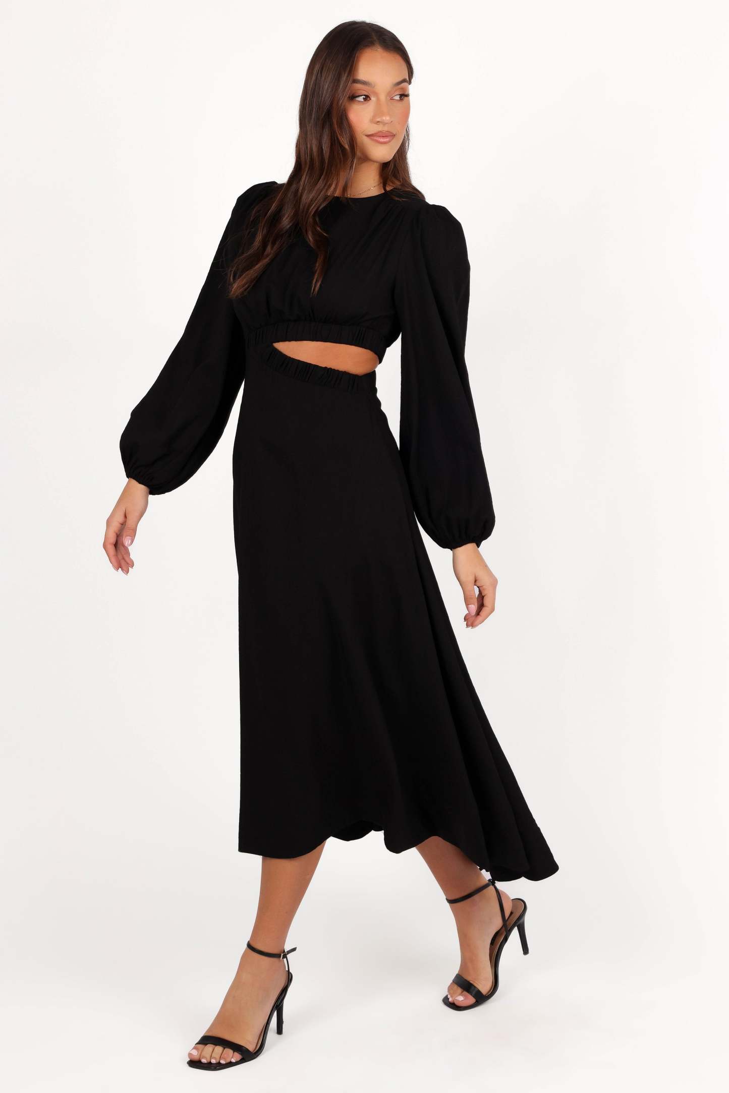Ginnee Puff Sleeve Cutout Midi Dress - Black-Sunny Prom
