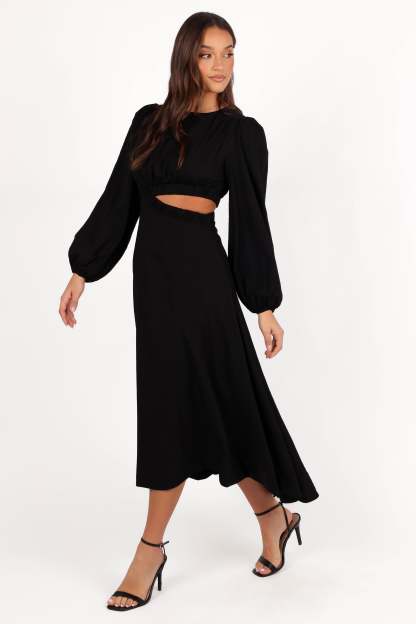Ginnee Puff Sleeve Cutout Midi Dress - Black-Sunny Prom