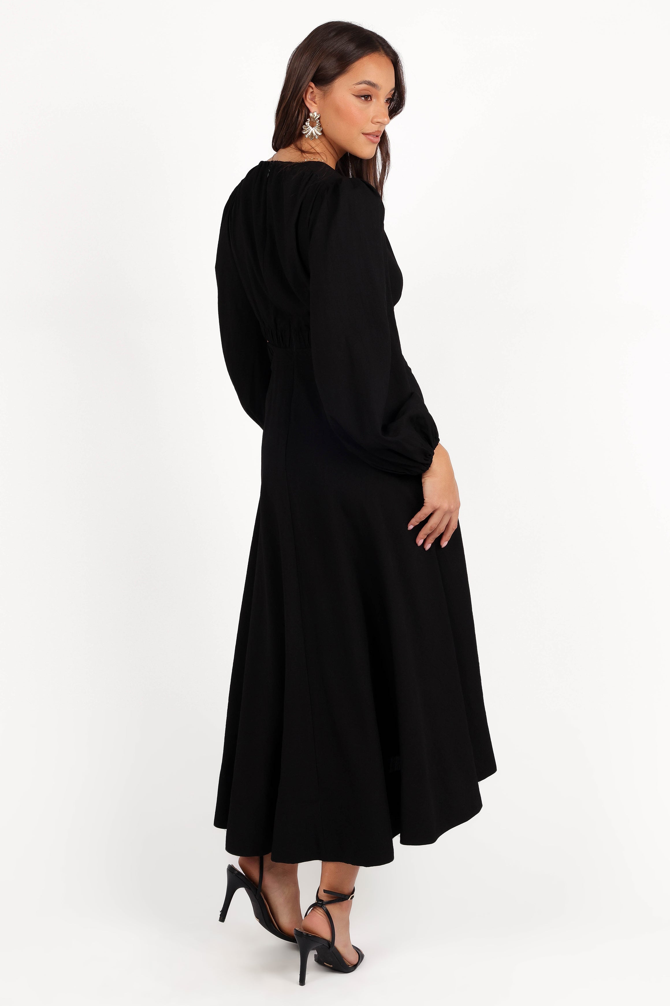 Ginnee Puff Sleeve Cutout Midi Dress - Black-Sunny Prom