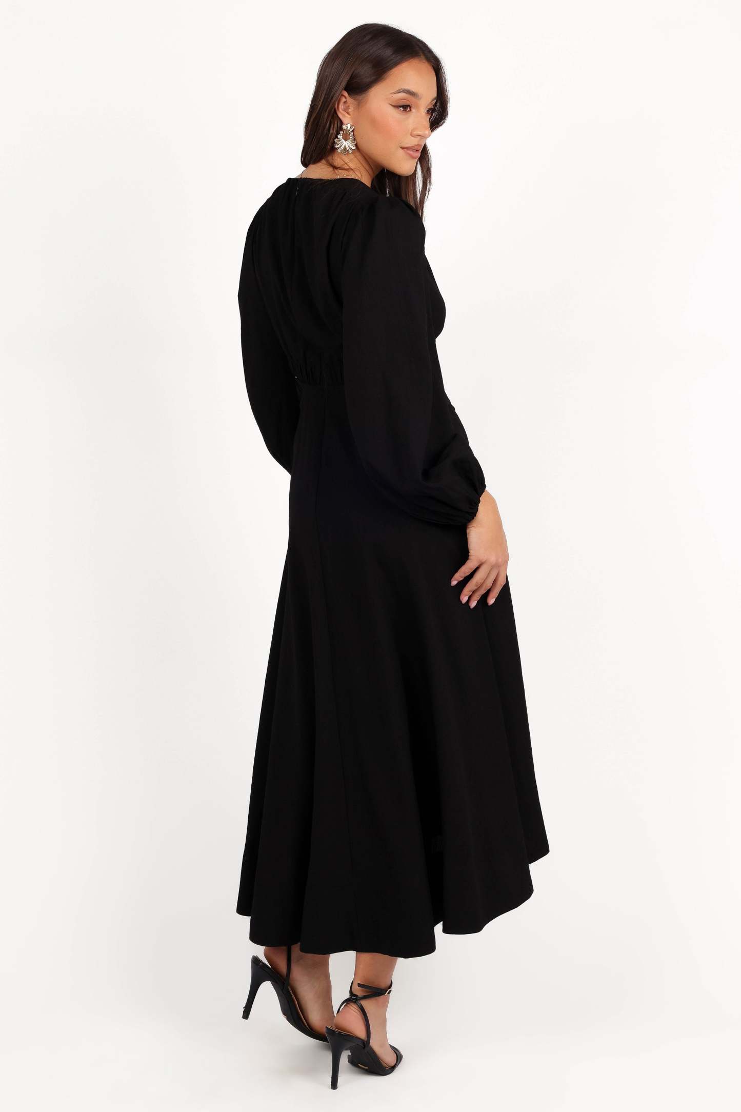 Ginnee Puff Sleeve Cutout Midi Dress - Black-Sunny Prom
