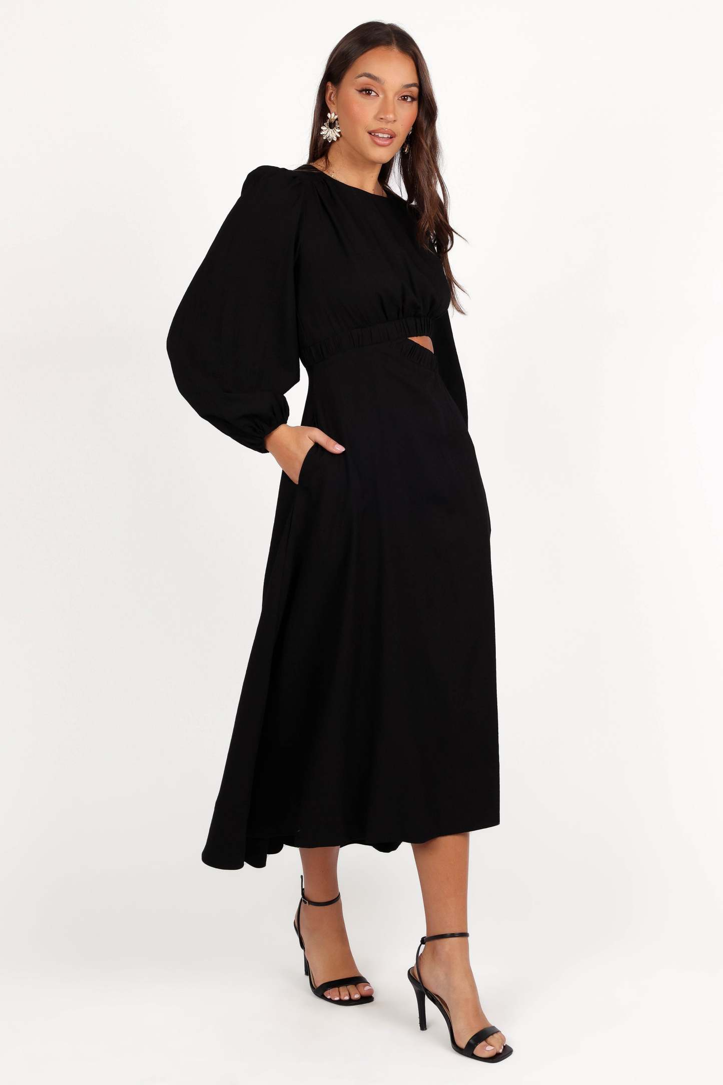 Ginnee Puff Sleeve Cutout Midi Dress - Black-Sunny Prom