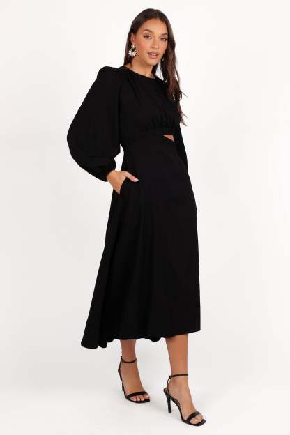 Ginnee Puff Sleeve Cutout Midi Dress - Black-Sunny Prom