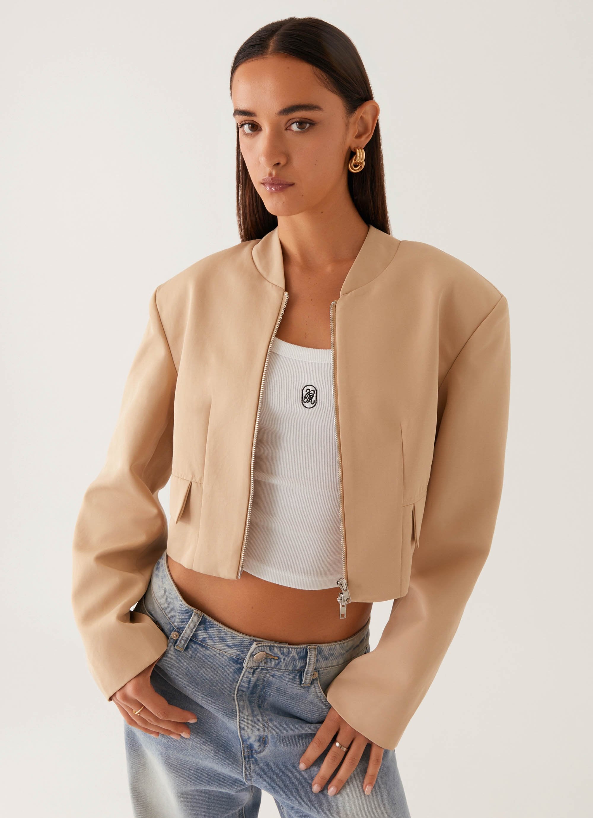 Halyn Cropped Bomber Jacket - Brown-Sunny Prom. All rights reserved.