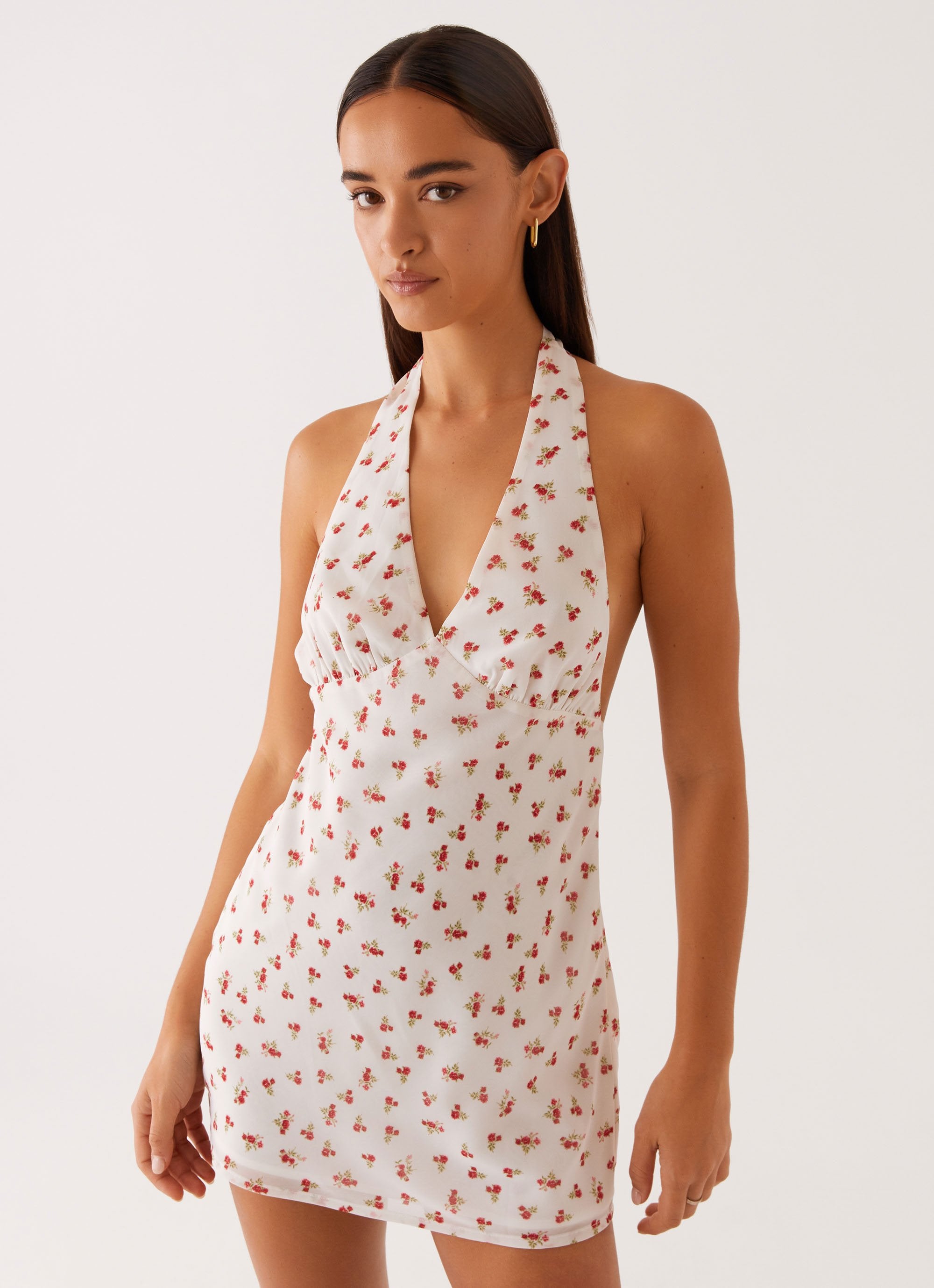Highlands Halterneck Mini Dress - Red Ditsy Floral-Sunny Prom. All rights reserved.