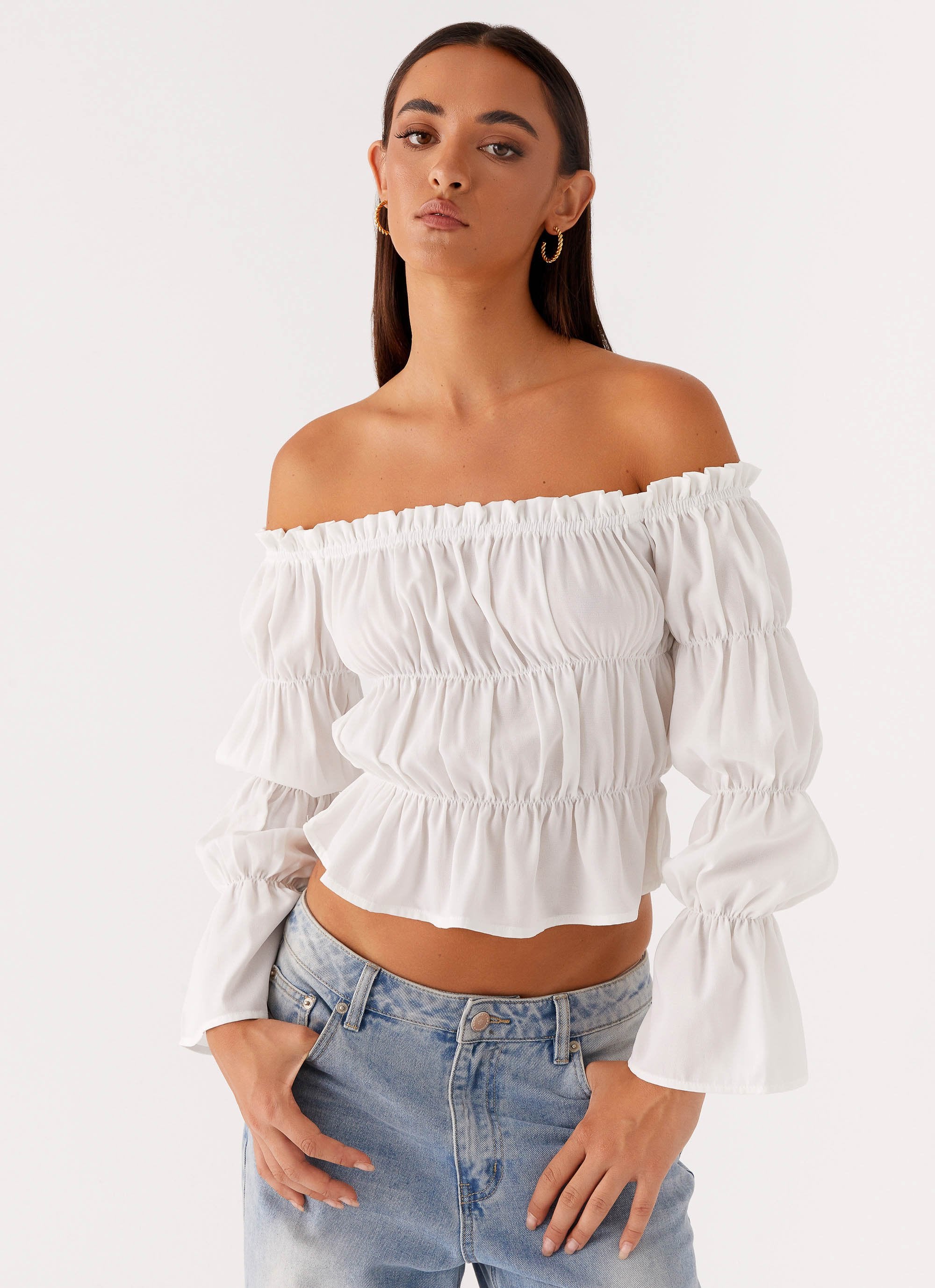 Imara Ruched Long Sleeve Top - Ivory-Sunny Prom. All rights reserved.