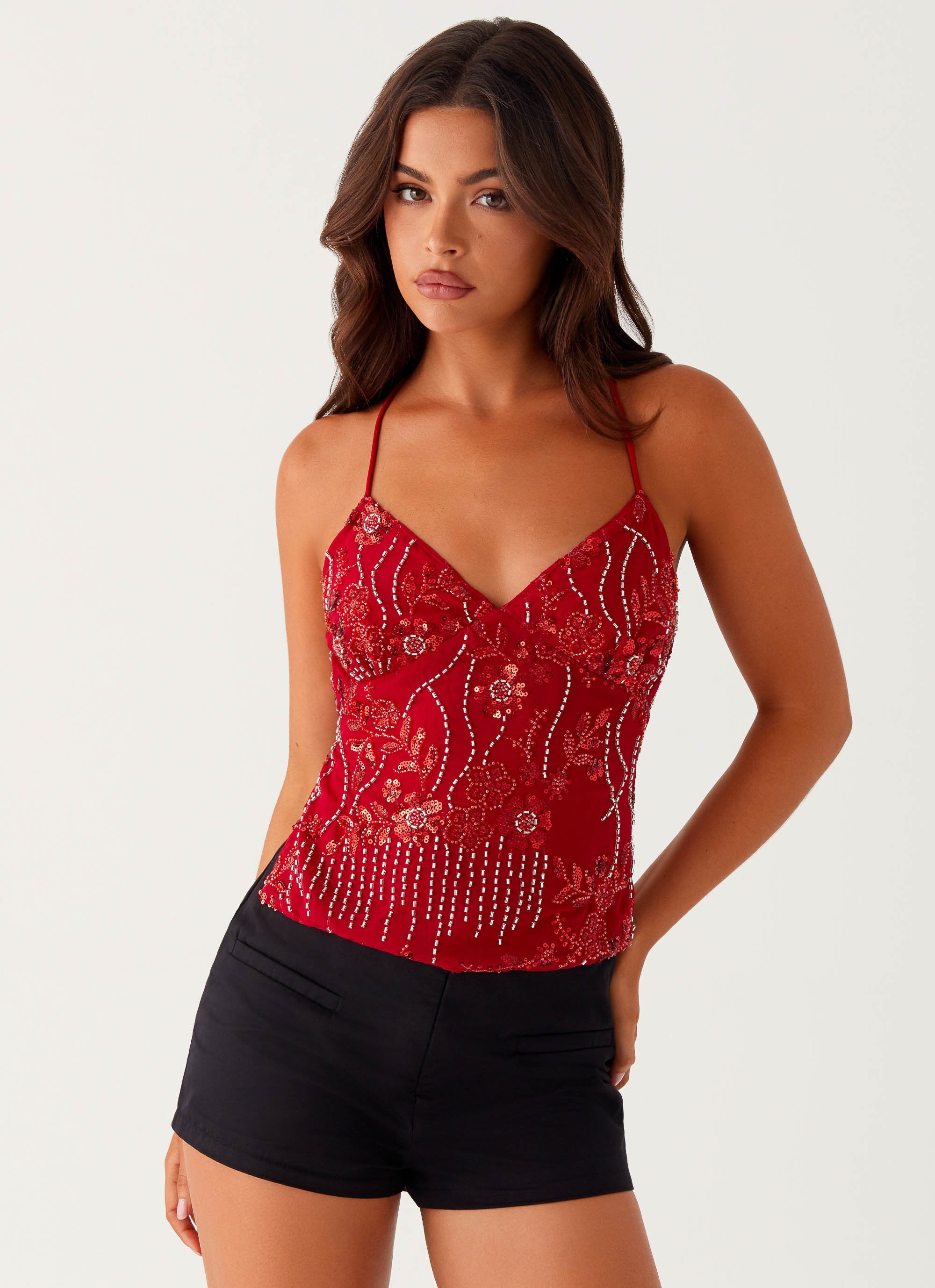 Kamilla Sequin Cami Top - Red-Sunny Prom. All rights reserved.