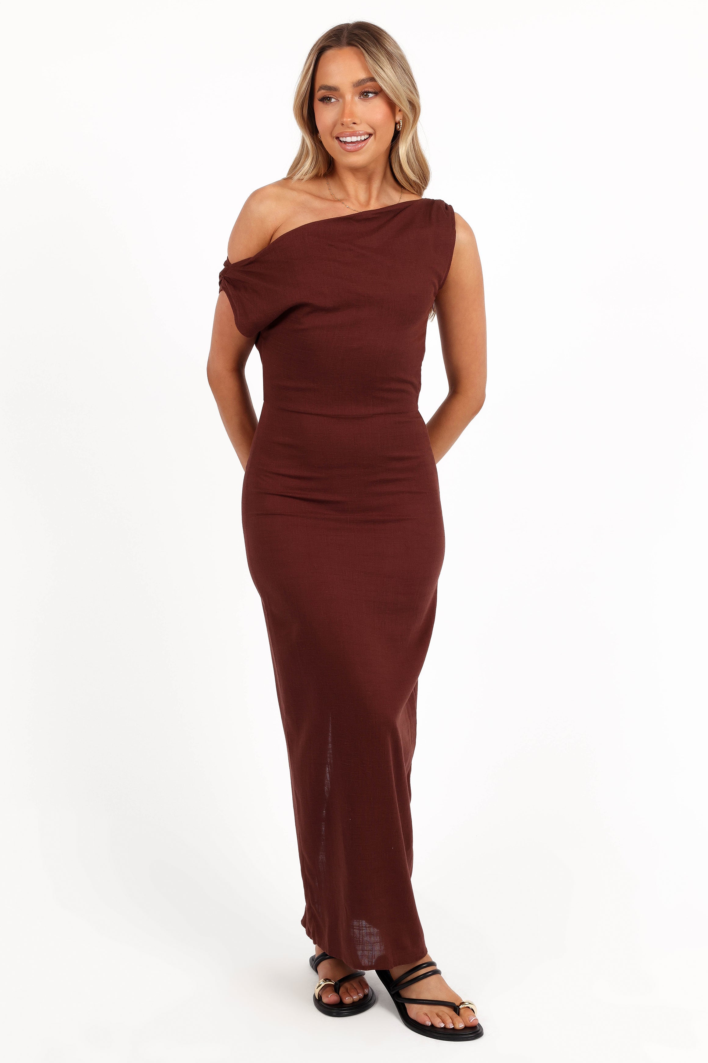Kassie Off Shoulder Dress - Chocolate Brown-Sunny Prom