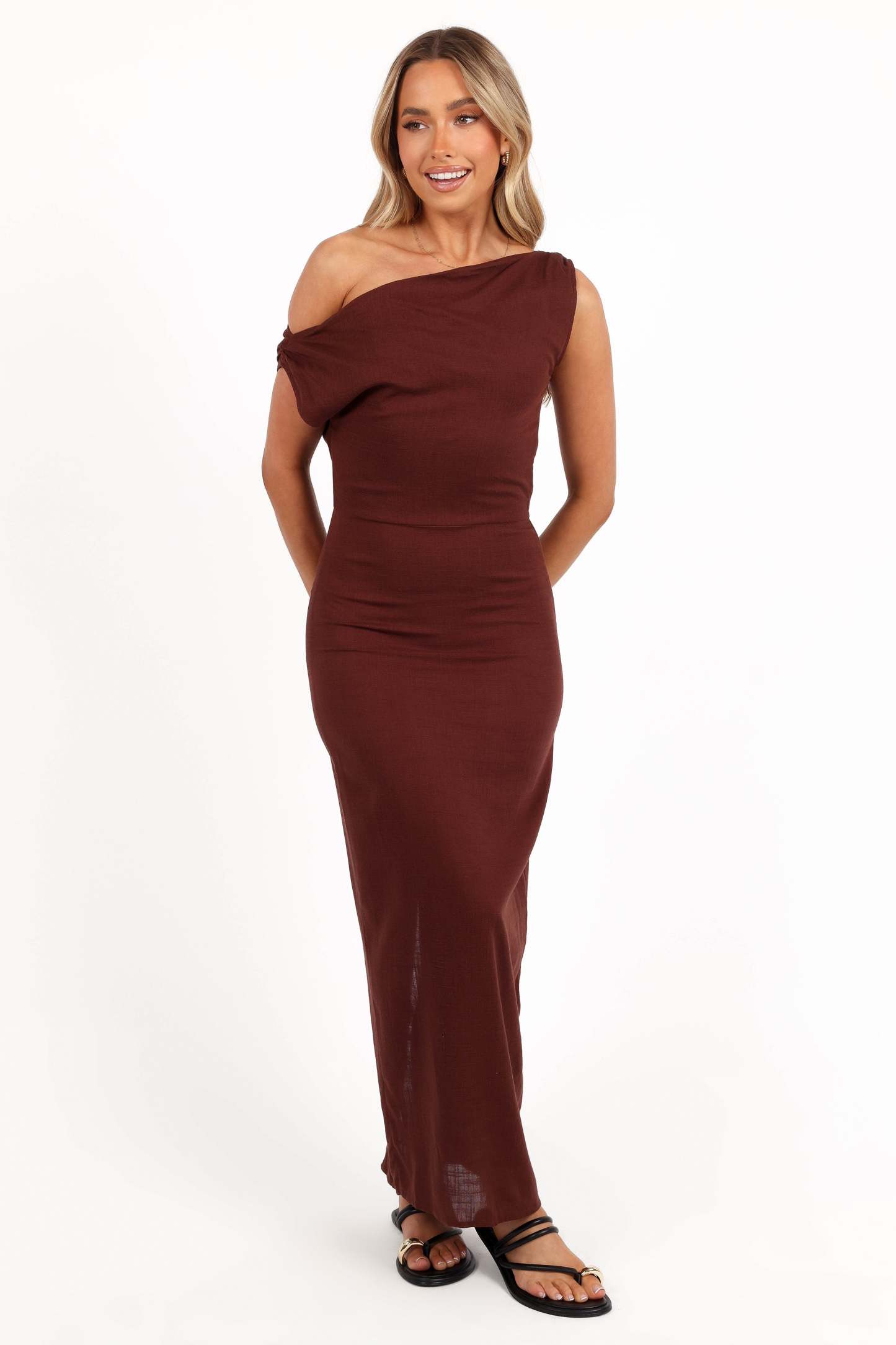 Kassie Off Shoulder Dress - Chocolate Brown-Sunny Prom