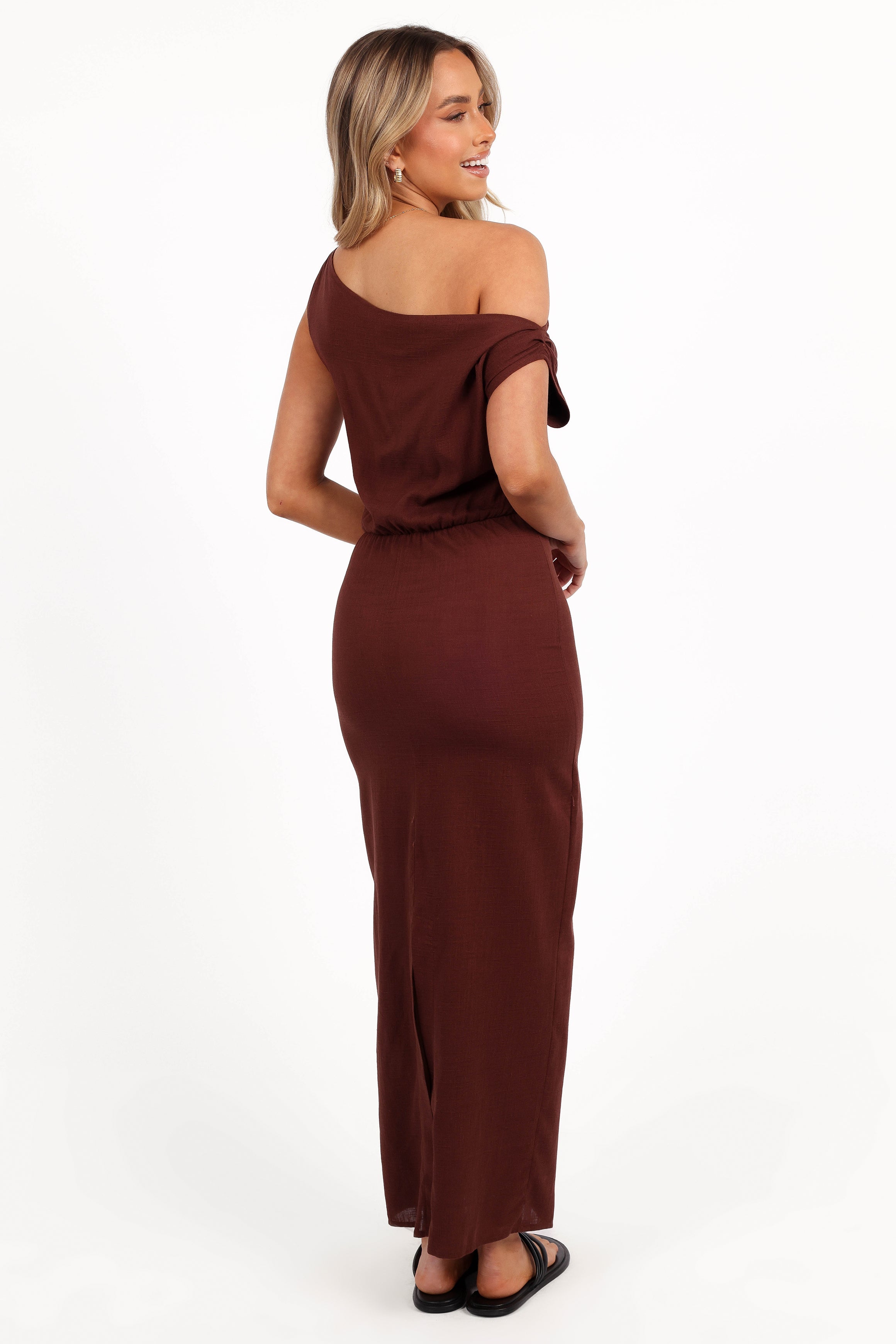 Kassie Off Shoulder Dress - Chocolate Brown-Sunny Prom