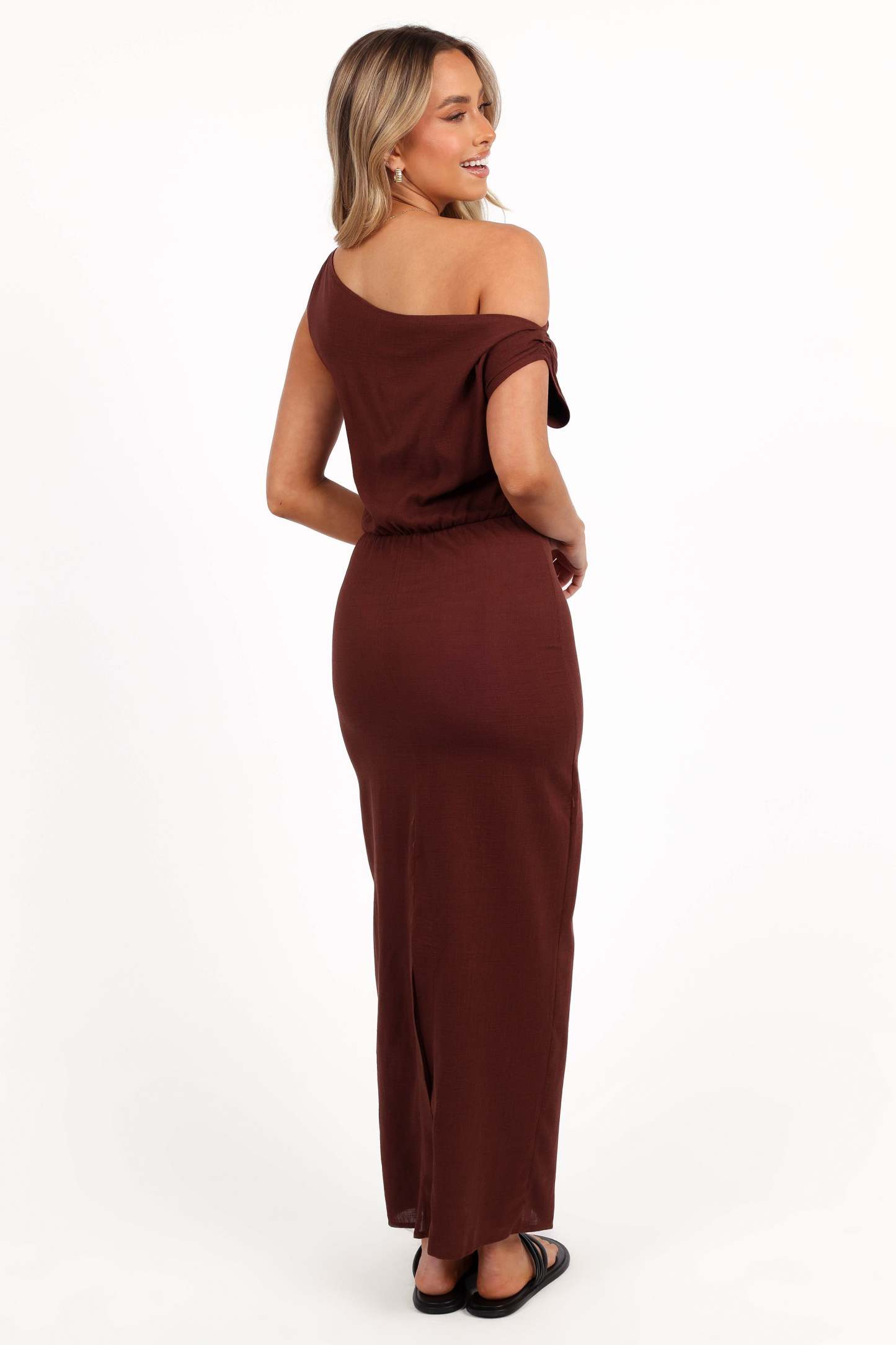 Kassie Off Shoulder Dress - Chocolate Brown-Sunny Prom