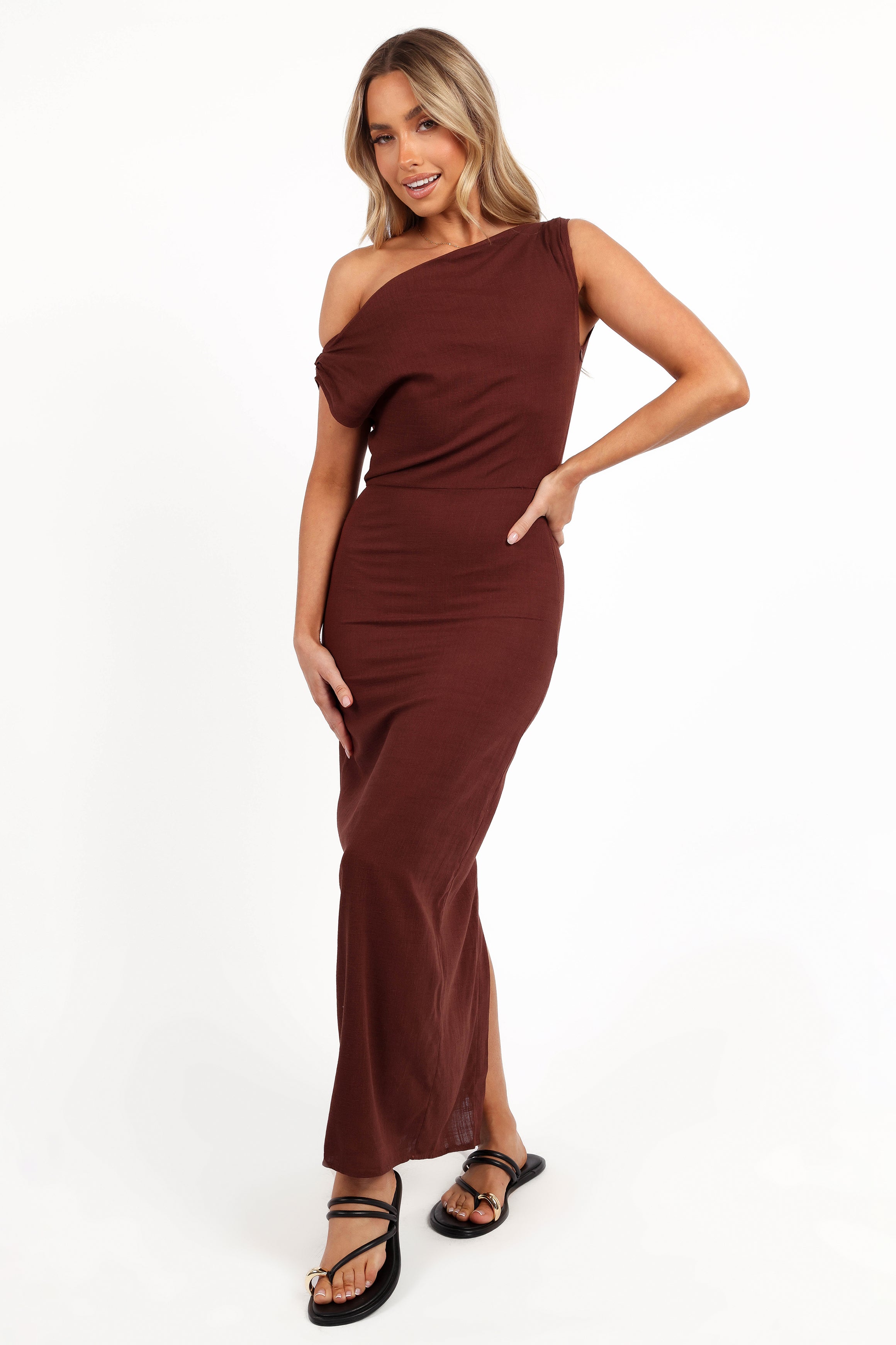 Kassie Off Shoulder Dress - Chocolate Brown-Sunny Prom