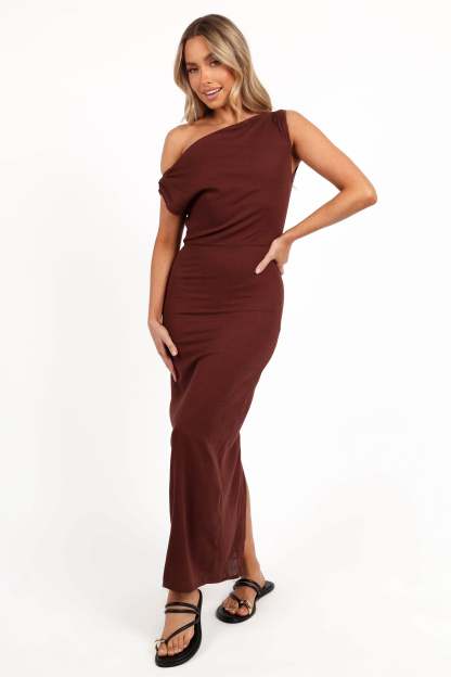 Kassie Off Shoulder Dress - Chocolate Brown-Sunny Prom