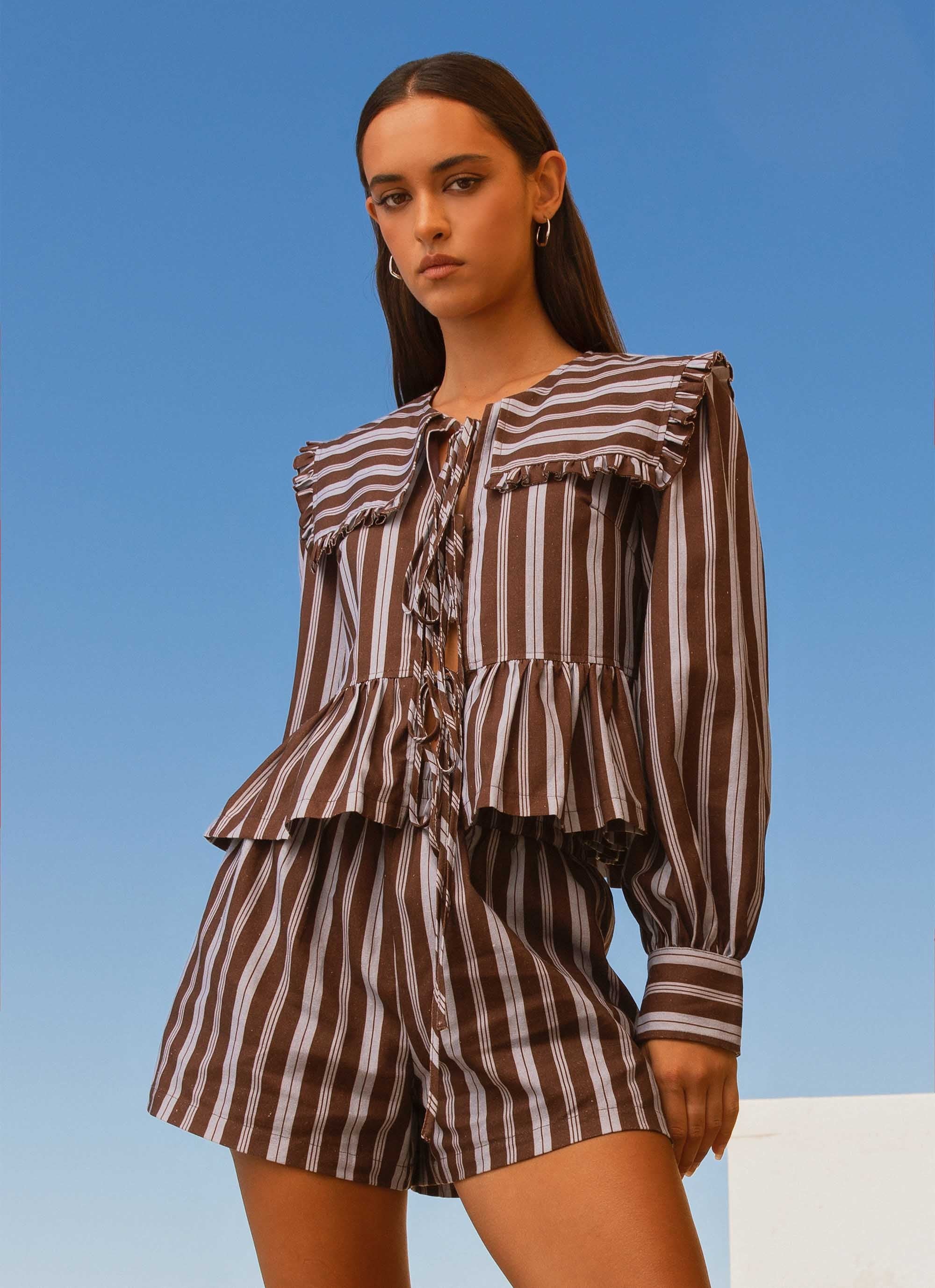 Emerson Tie Front Long Sleeve Top - Purple Brown Stripe-Sunny Prom. All rights reserved.