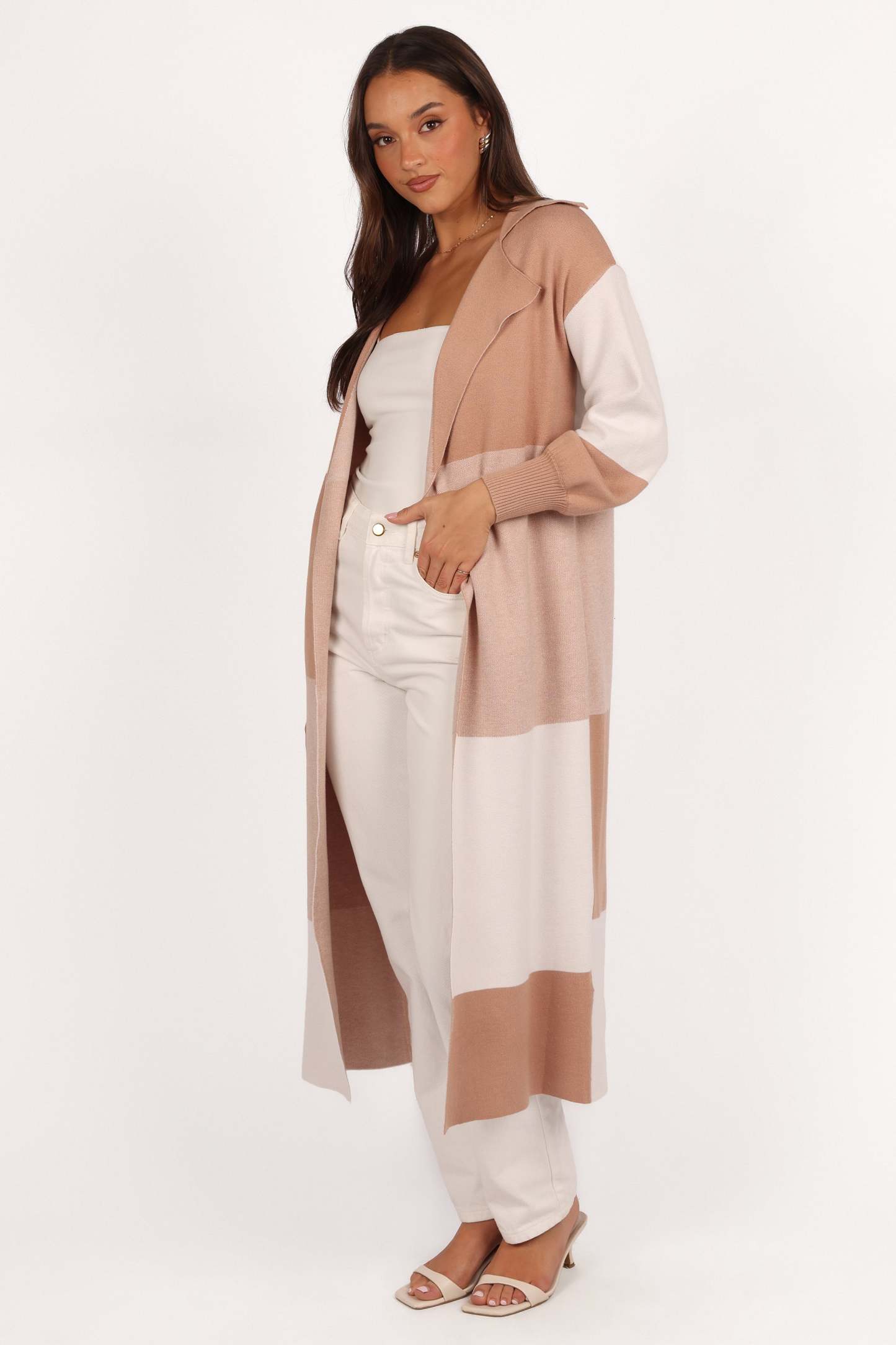 Kingston Large Check Long Cardigan - Beige Check-Sunny Prom
