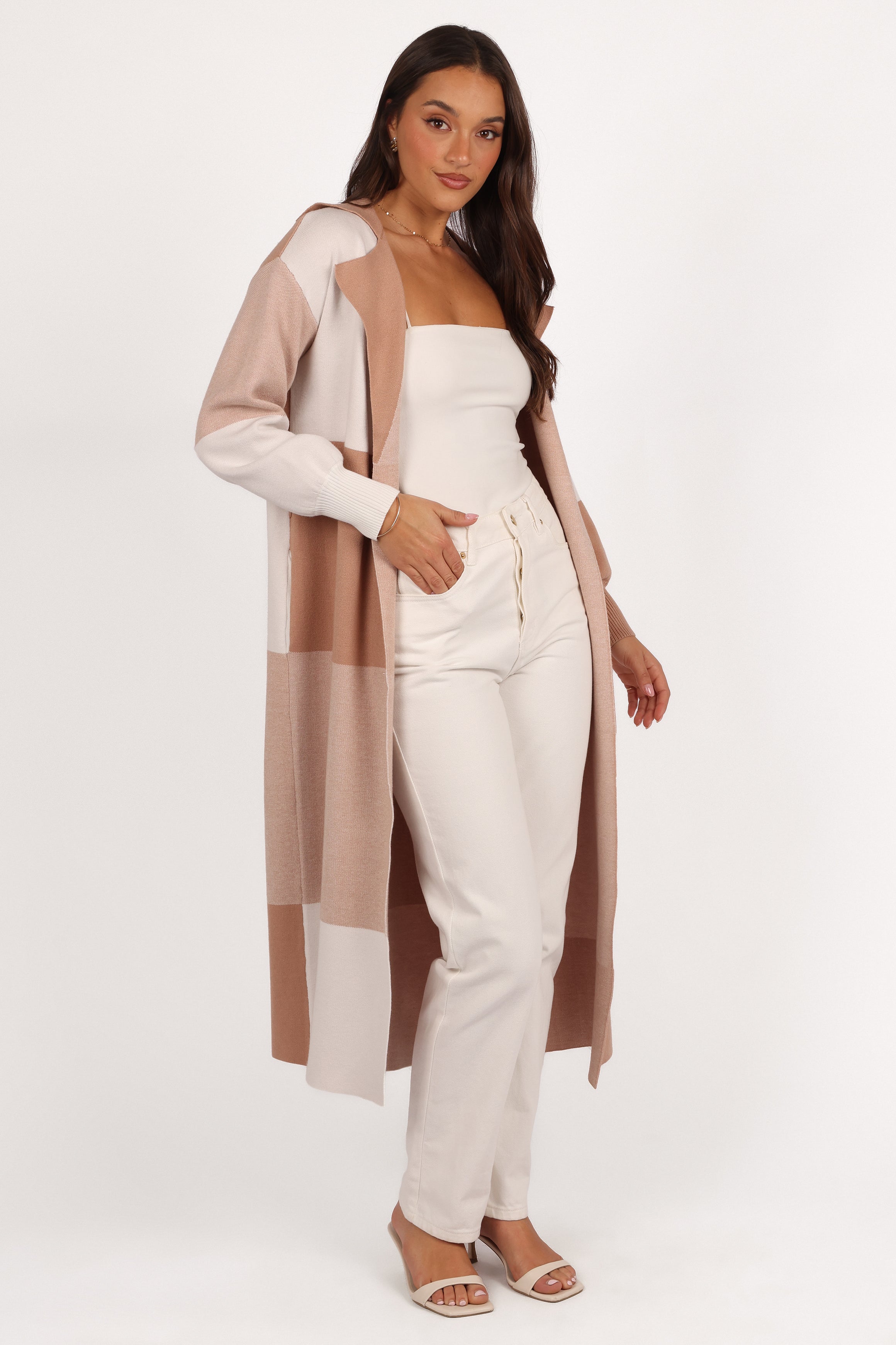 Kingston Large Check Long Cardigan - Beige Check-Sunny Prom