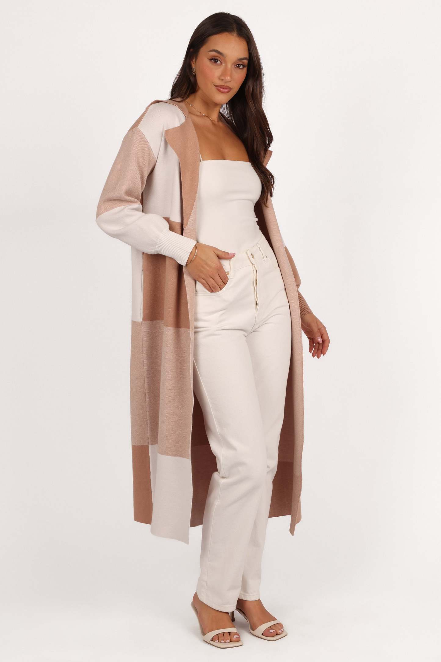 Kingston Large Check Long Cardigan - Beige Check-Sunny Prom