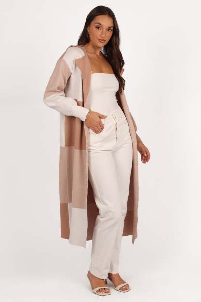 Kingston Large Check Long Cardigan - Beige Check-Sunny Prom