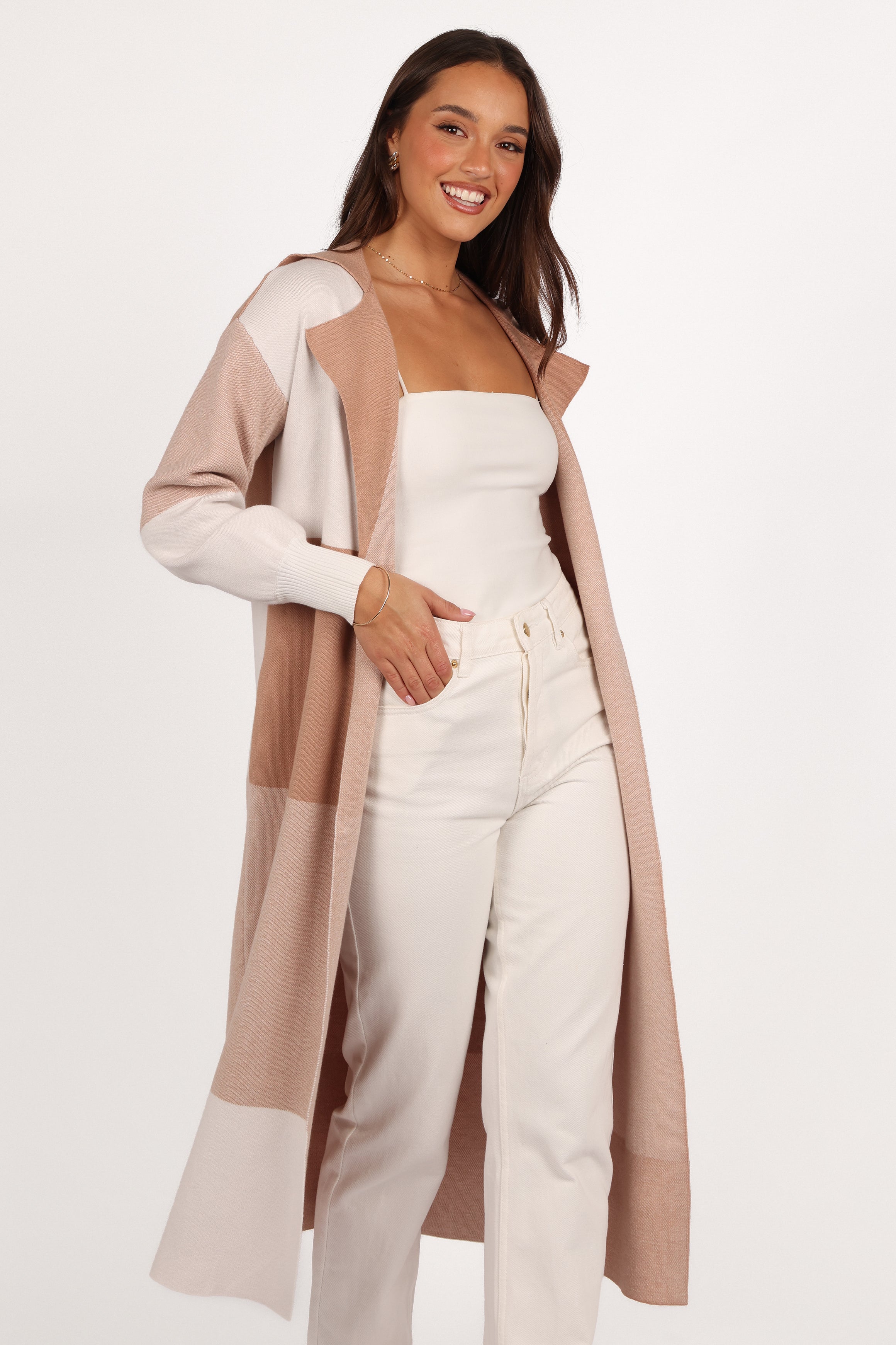 Kingston Large Check Long Cardigan - Beige Check-Sunny Prom