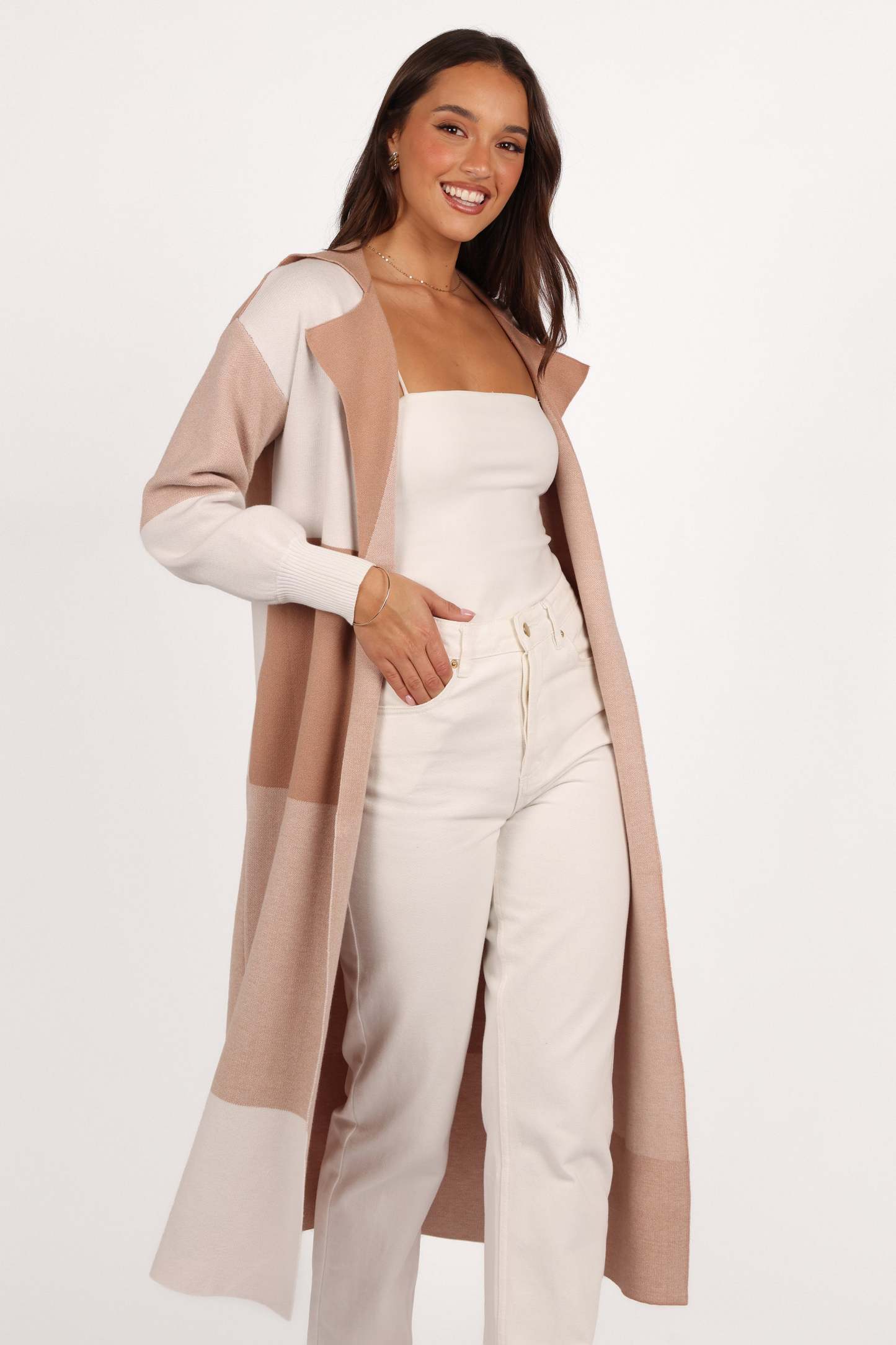 Kingston Large Check Long Cardigan - Beige Check-Sunny Prom