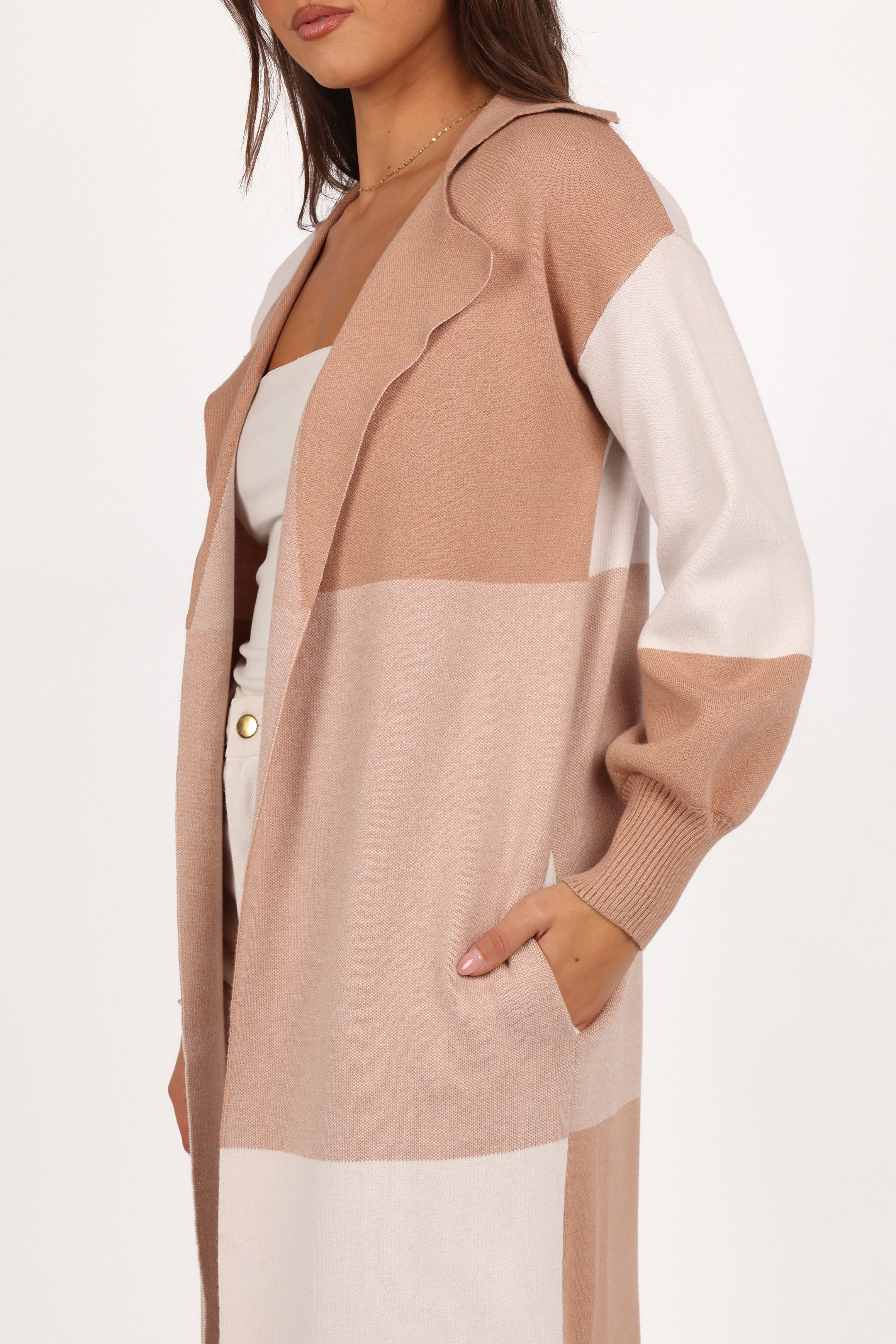 Kingston Large Check Long Cardigan - Beige Check-Sunny Prom