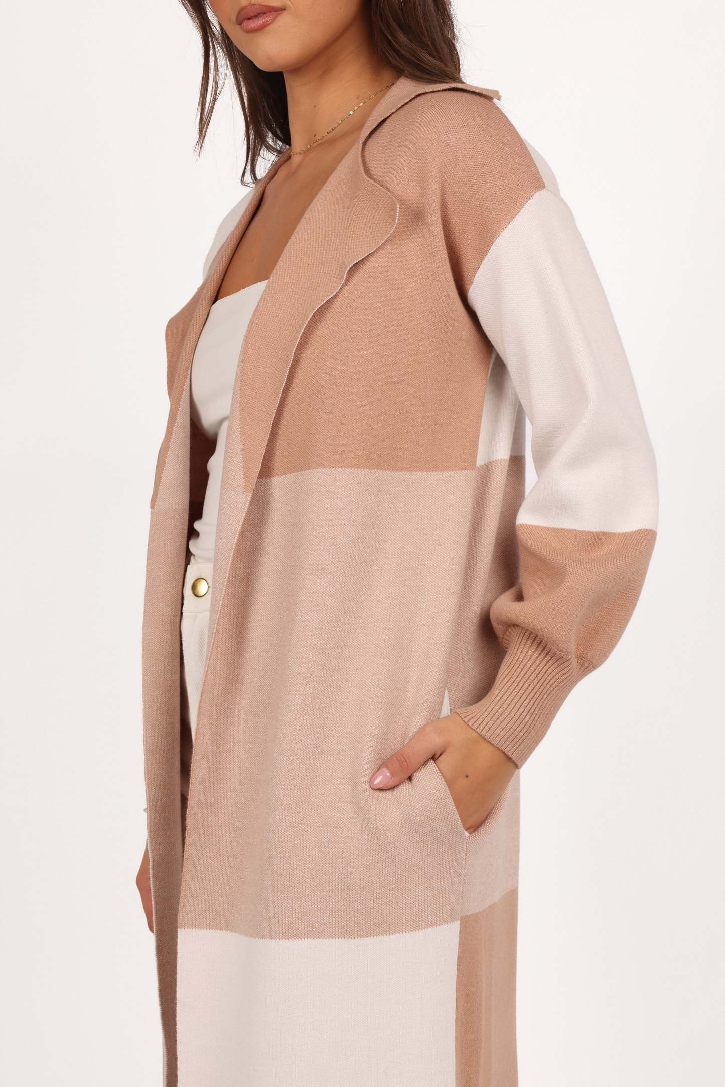 Kingston Large Check Long Cardigan - Beige Check-Sunny Prom