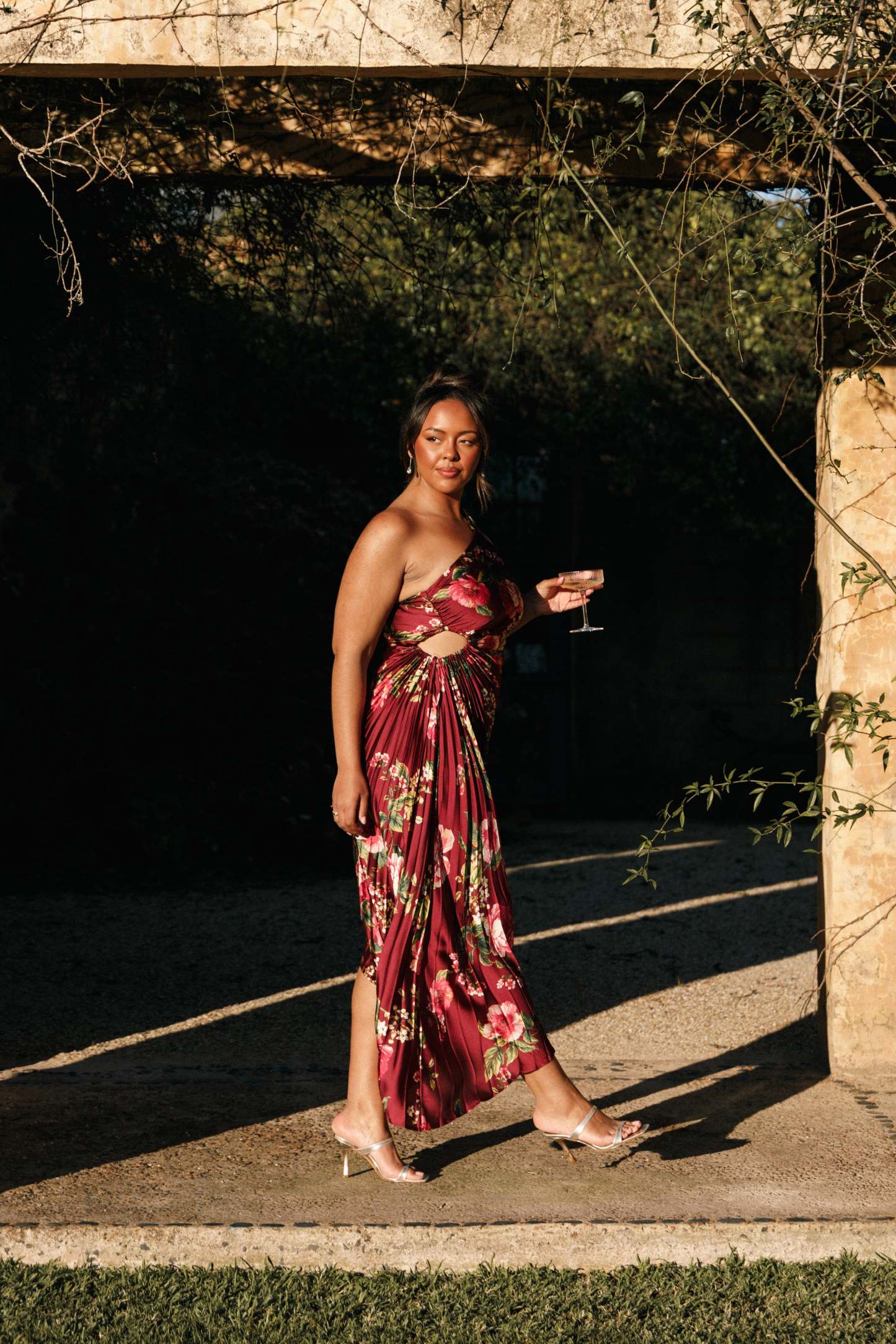 Kleo One Shoulder Maxi Dress - Burgundy Floral-Sunny Prom