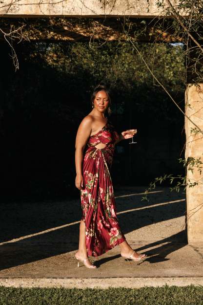 Kleo One Shoulder Maxi Dress - Burgundy Floral-Sunny Prom