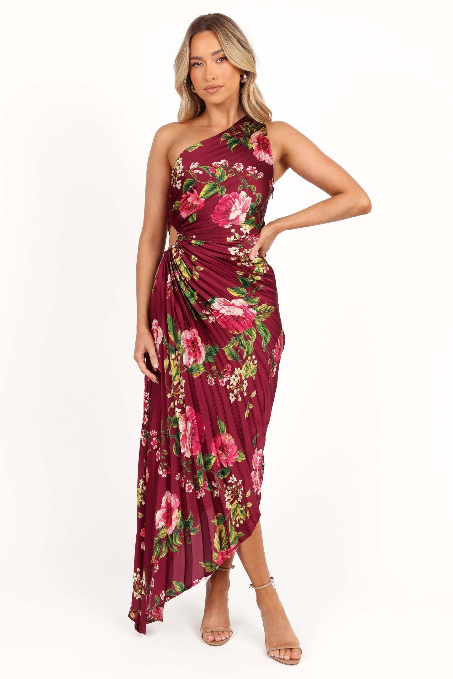 Kleo One Shoulder Maxi Dress - Burgundy Floral-Sunny Prom