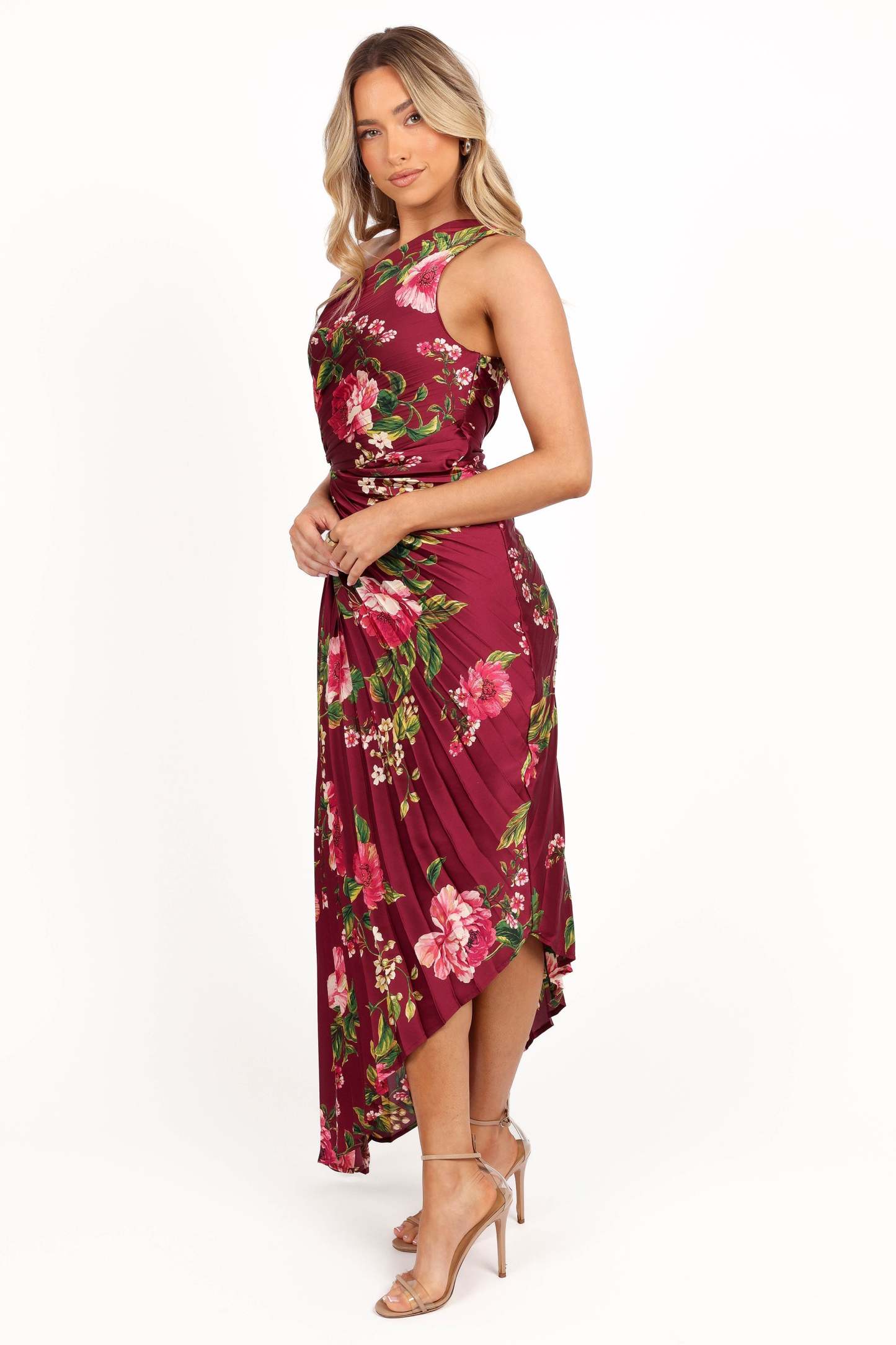 Kleo One Shoulder Maxi Dress - Burgundy Floral-Sunny Prom