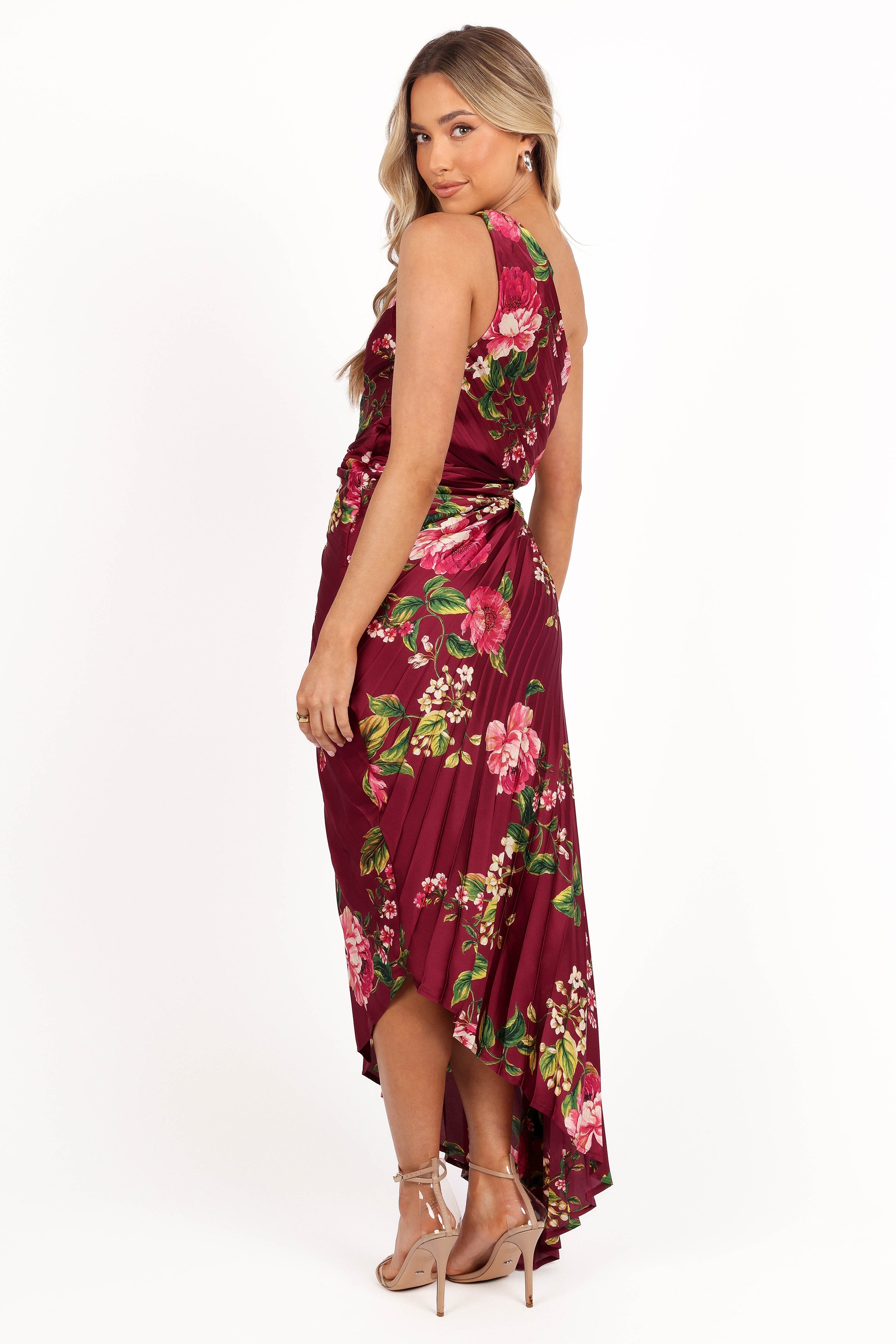Kleo One Shoulder Maxi Dress - Burgundy Floral-Sunny Prom