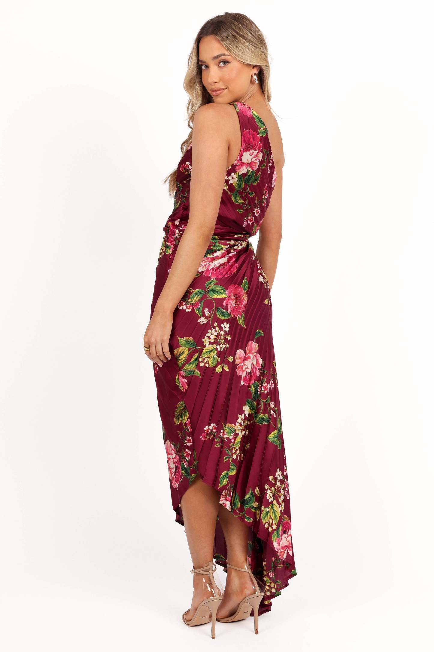 Kleo One Shoulder Maxi Dress - Burgundy Floral-Sunny Prom